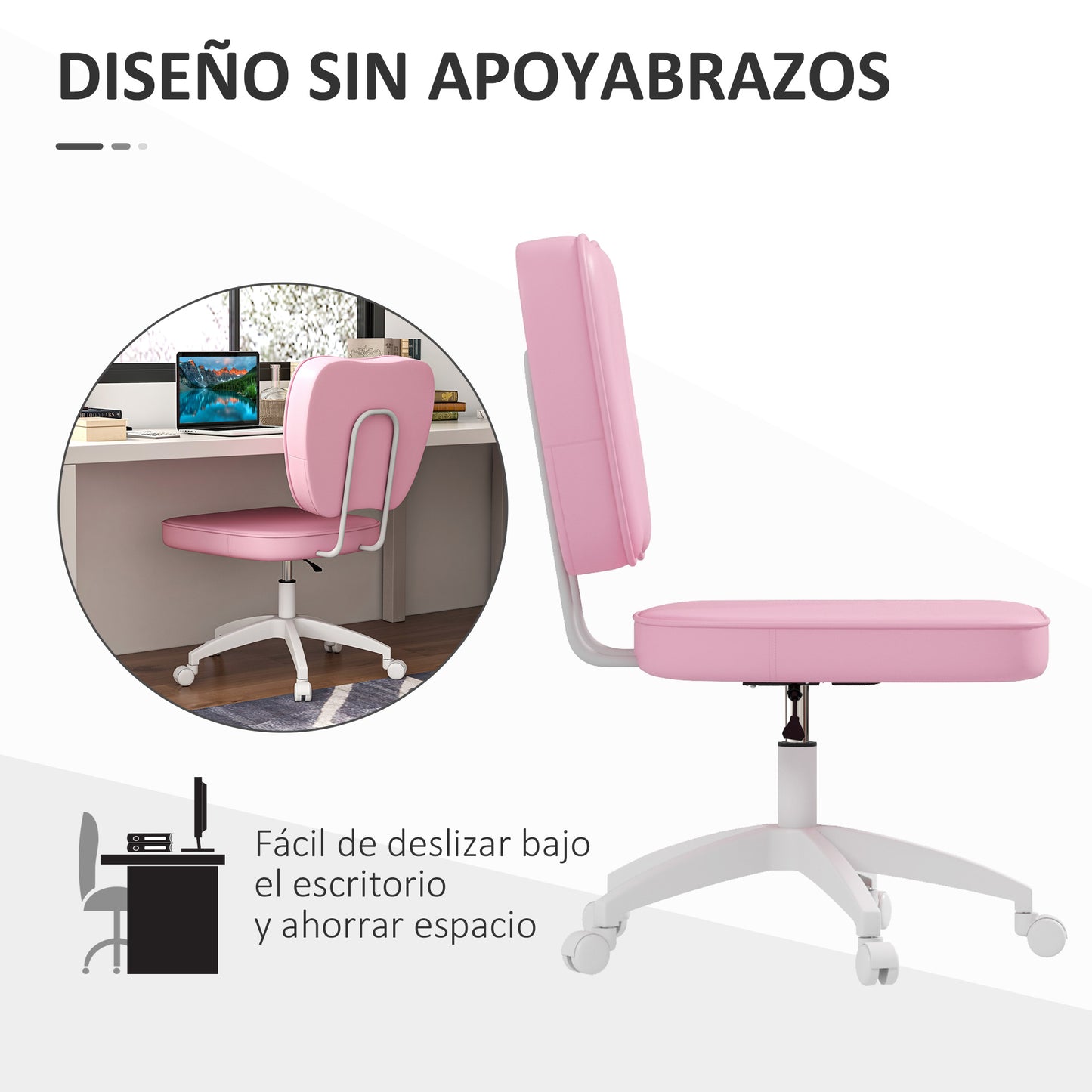 Vinsetto Silla de Escritorio Tapizada en PU Silla de Oficina Giratoria con Altura Ajustable Sin Brazos Carga 120 kg Silla para Estudio Dormitorio 46x59x82-92 cm Rosa