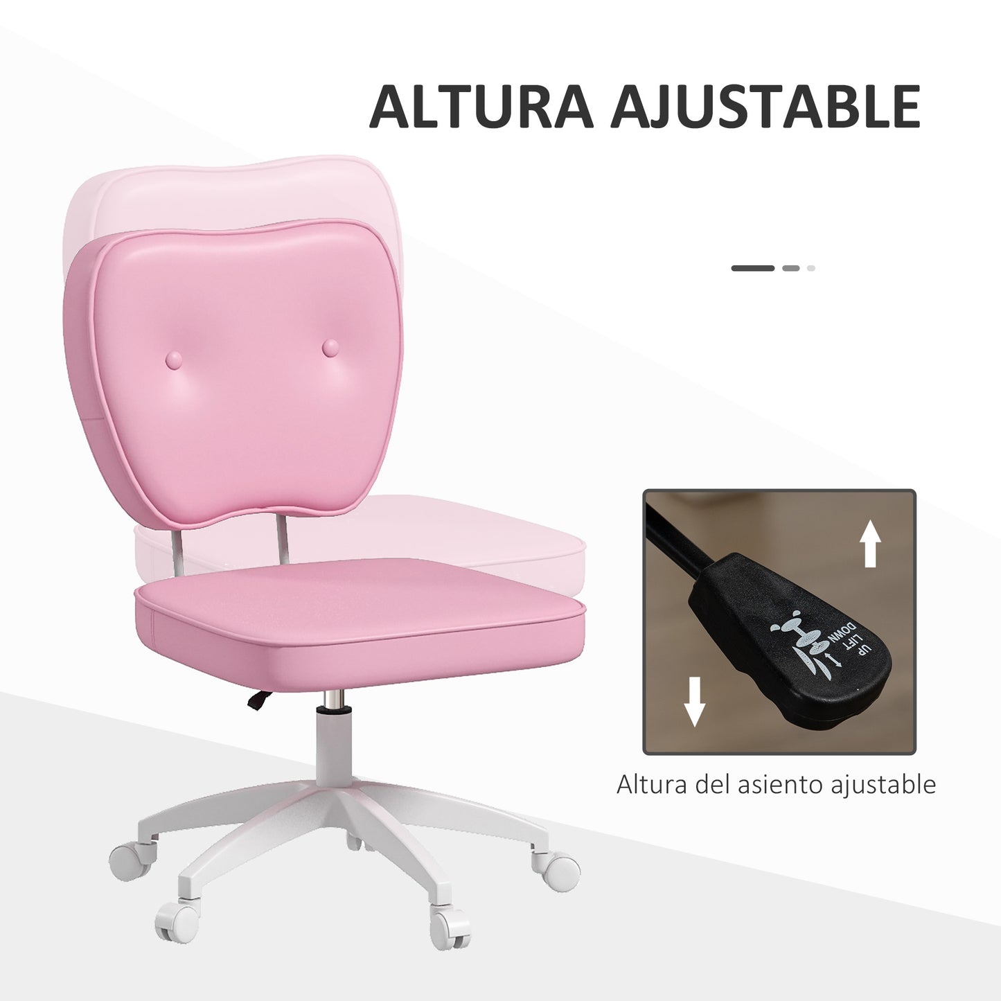 Vinsetto Silla de Escritorio Tapizada en PU Silla de Oficina Giratoria con Altura Ajustable Sin Brazos Carga 120 kg Silla para Estudio Dormitorio 46x59x82-92 cm Rosa