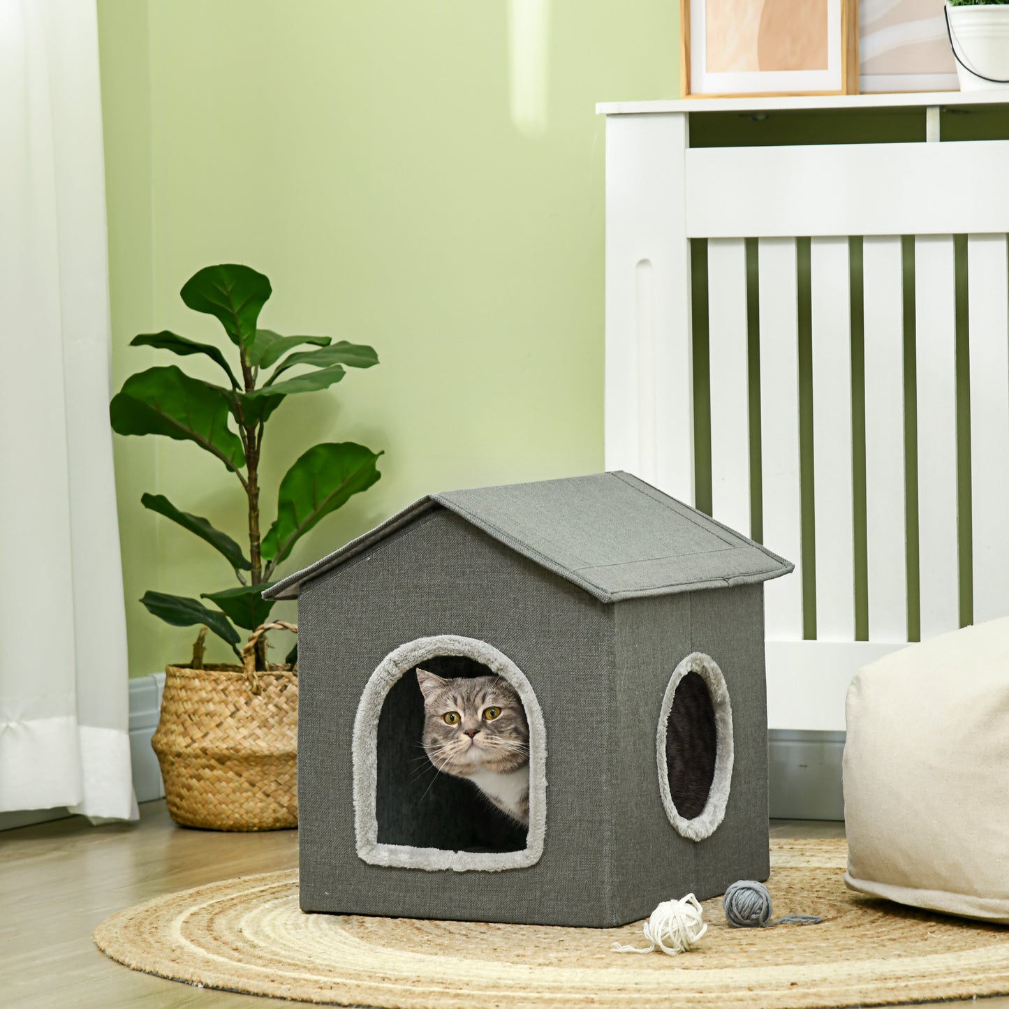 PawHut Casa para Gatos Cama para Gatos Cueva para Gatos con 2 Puertas y Cojín Lavable 39x43,5x40,5 cm Gris