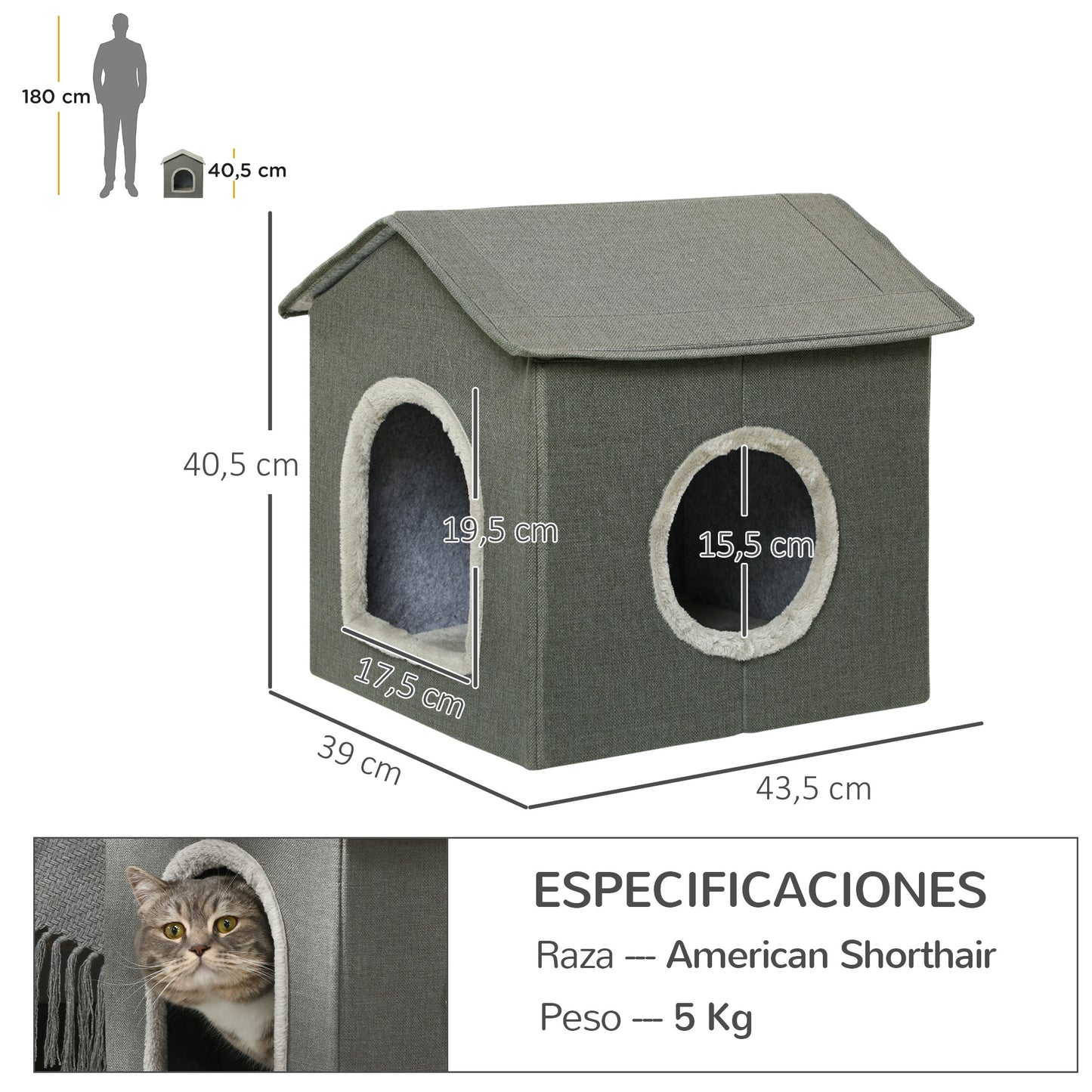 PawHut Casa para Gatos Cama para Gatos Cueva para Gatos con 2 Puertas y Cojín Lavable 39x43,5x40,5 cm Gris