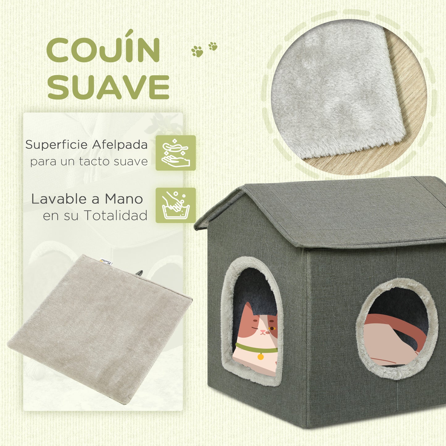 PawHut Casa para Gatos Cama para Gatos Cueva para Gatos con 2 Puertas y Cojín Lavable 39x43,5x40,5 cm Gris