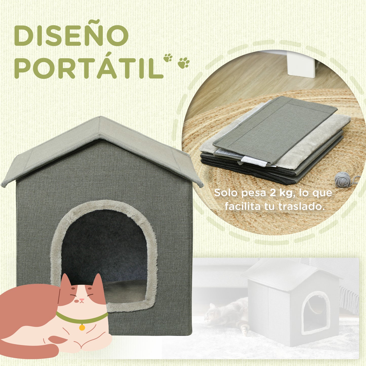 PawHut Casa para Gatos Cama para Gatos Cueva para Gatos con 2 Puertas y Cojín Lavable 39x43,5x40,5 cm Gris