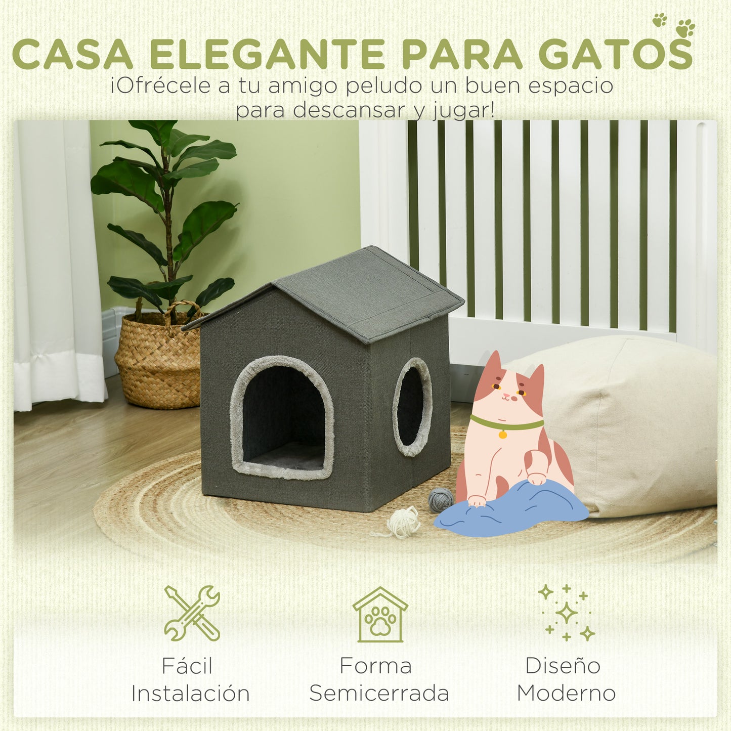 PawHut Casa para Gatos Cama para Gatos Cueva para Gatos con 2 Puertas y Cojín Lavable 39x43,5x40,5 cm Gris