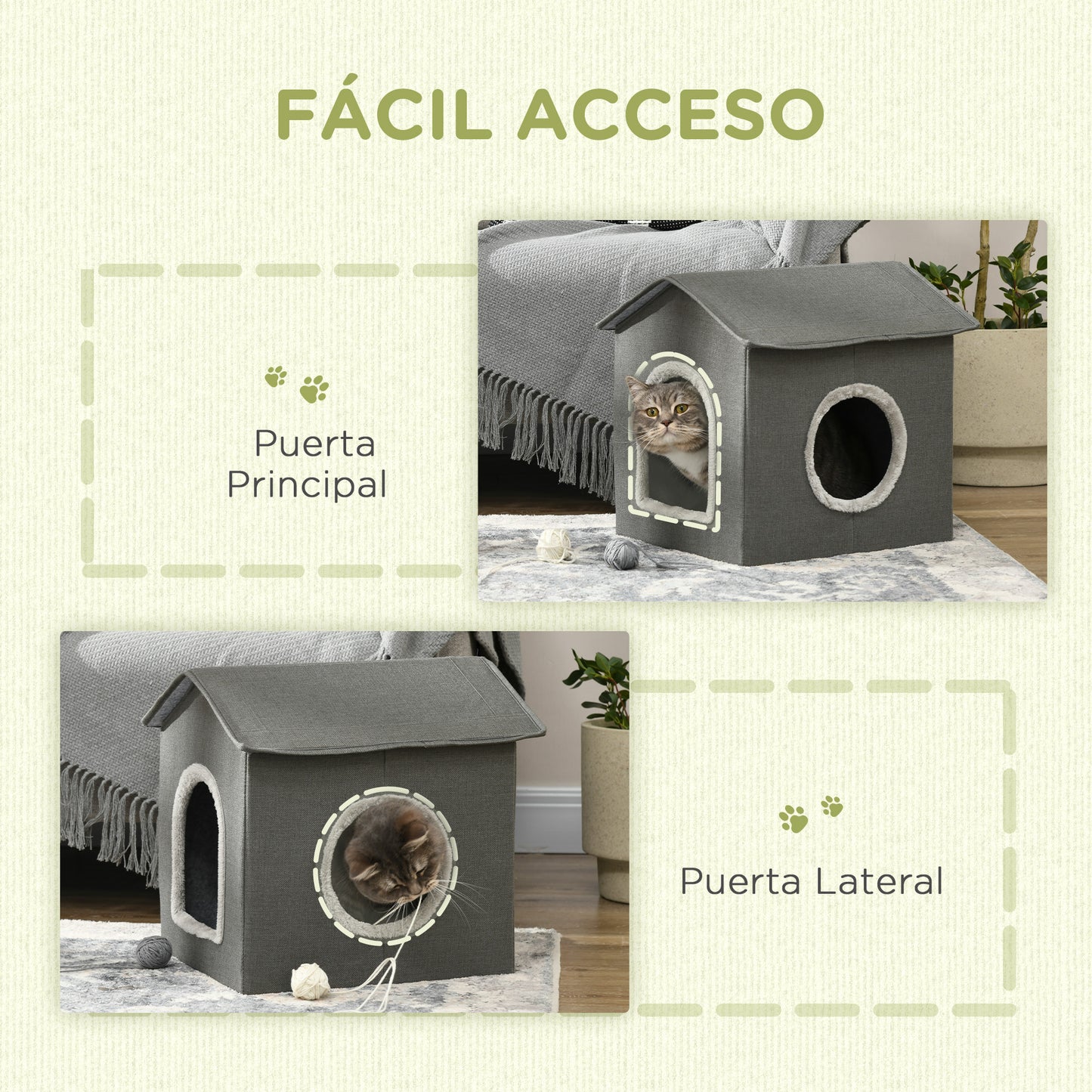 PawHut Casa para Gatos Cama para Gatos Cueva para Gatos con 2 Puertas y Cojín Lavable 39x43,5x40,5 cm Gris