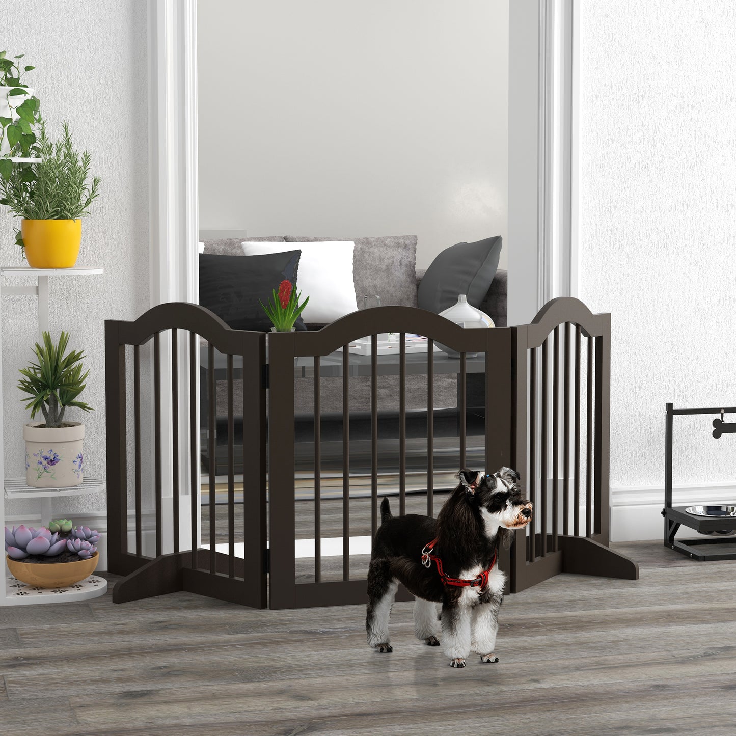 PawHut Barrera de Seguridad para Perros Pequeños Plegable Barrera para Perros en Casa de 3 Paneles con Patas Anchos para Escaleras Pasillos 154,5x29,5x61 cm Café