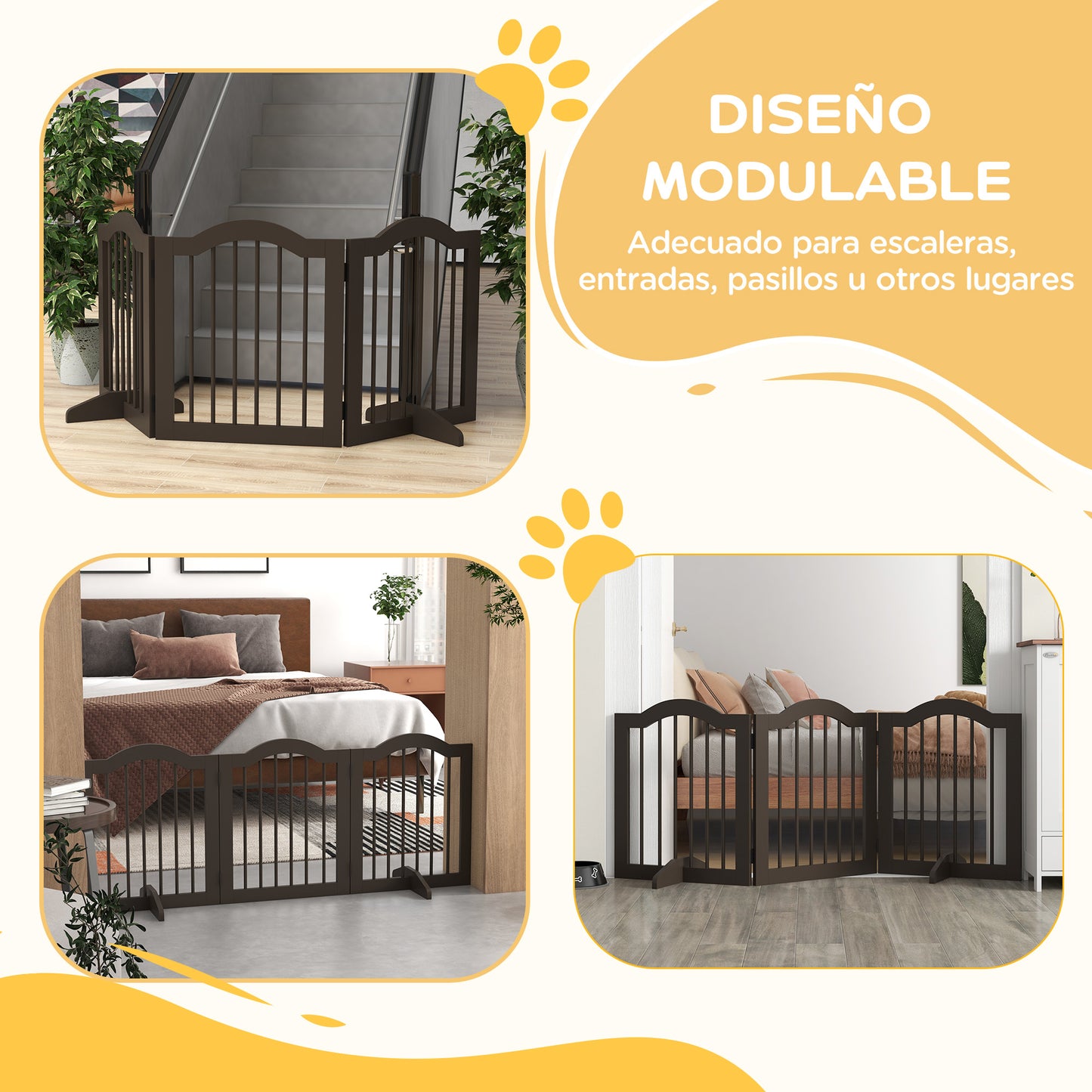 PawHut Barrera de Seguridad para Perros Pequeños Plegable Barrera para Perros en Casa de 3 Paneles con Patas Anchos para Escaleras Pasillos 154,5x29,5x61 cm Café