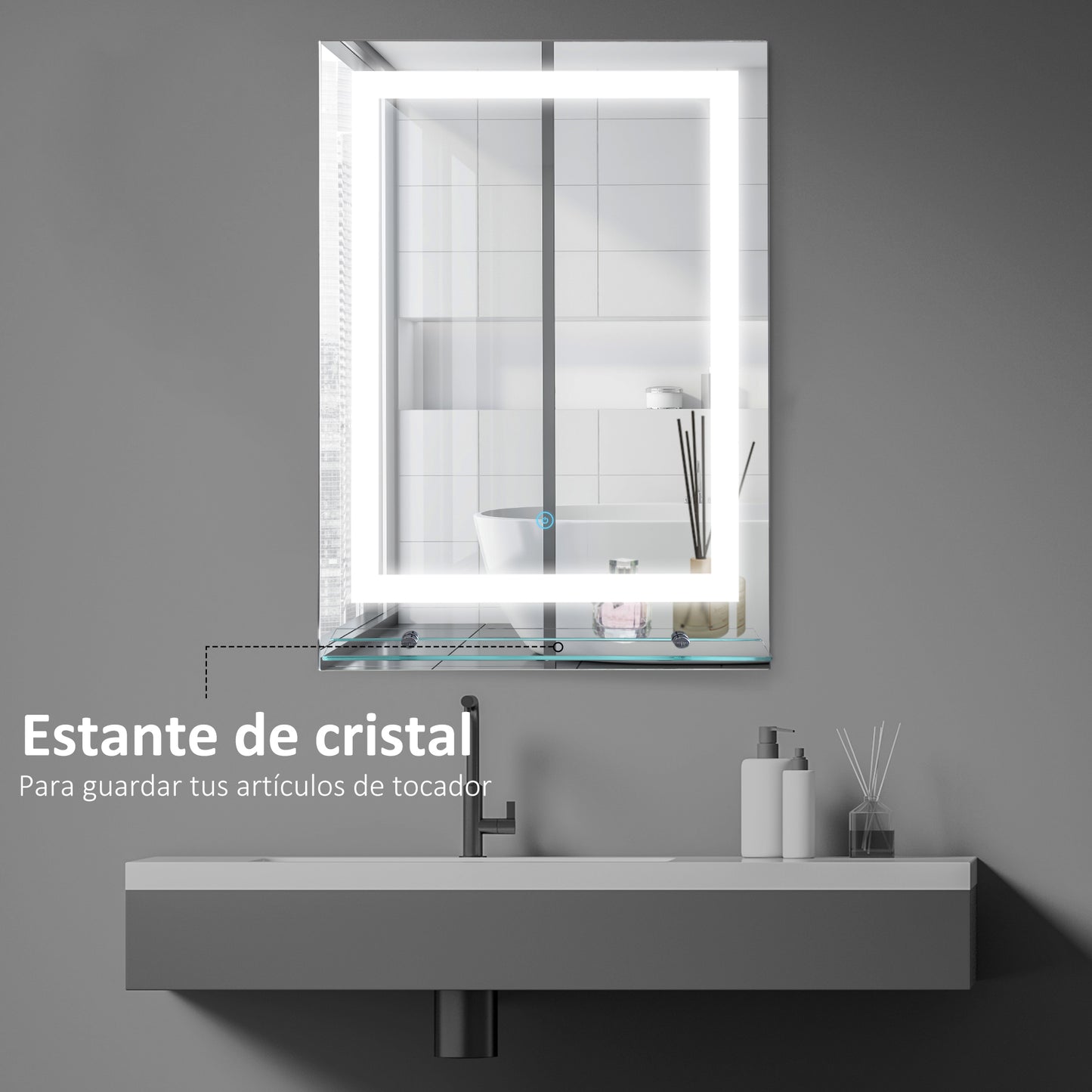 kleankin Espejo de Baño con Luces LED 70x50 cm Espejo para Baño con Marco de Aluminio Interruptor Táctil y Estante de Vidrio para Salón Entrada Plata