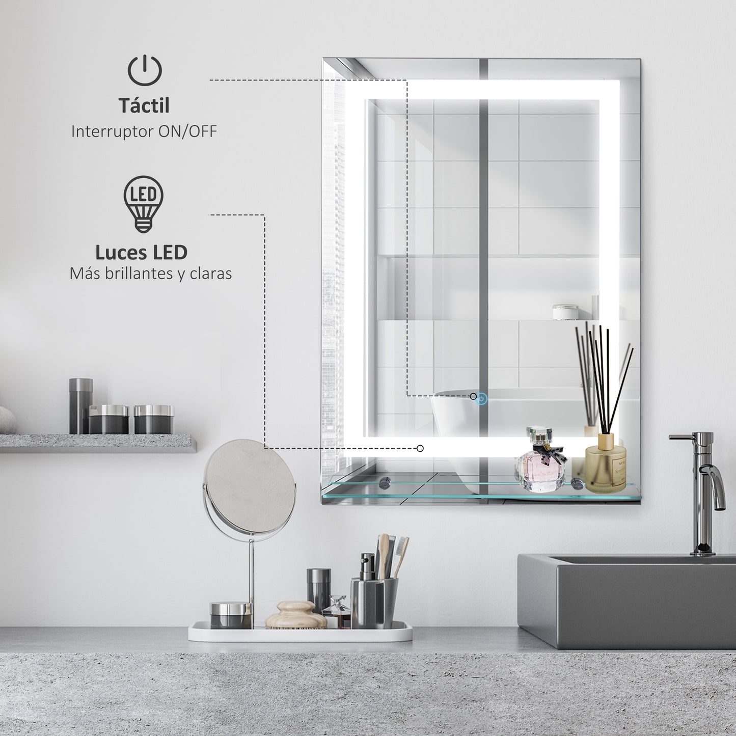 kleankin Espejo de Baño con Luces LED 70x50 cm Espejo para Baño con Marco de Aluminio Interruptor Táctil y Estante de Vidrio para Salón Entrada Plata