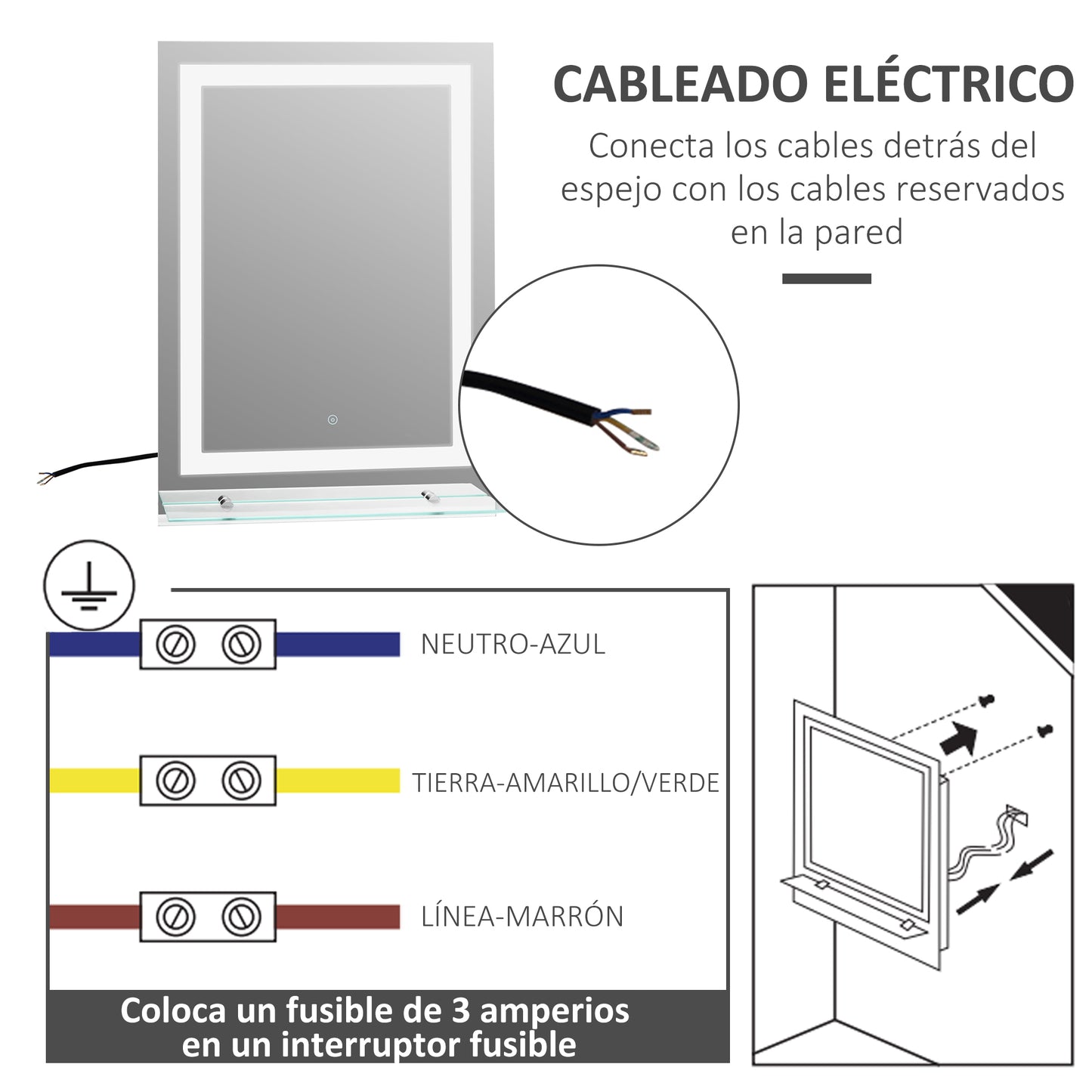 kleankin Espejo de Baño con Luces LED 70x50 cm Espejo para Baño con Marco de Aluminio Interruptor Táctil y Estante de Vidrio para Salón Entrada Plata