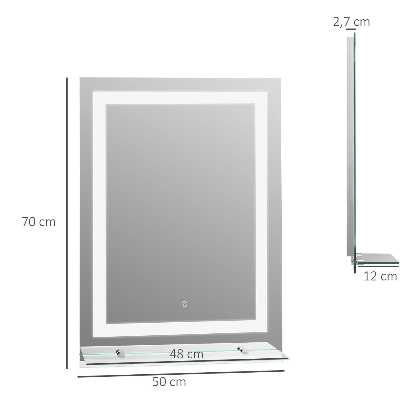 kleankin Espejo de Baño con Luces LED 70x50 cm Espejo para Baño con Marco de Aluminio Interruptor Táctil y Estante de Vidrio para Salón Entrada Plata