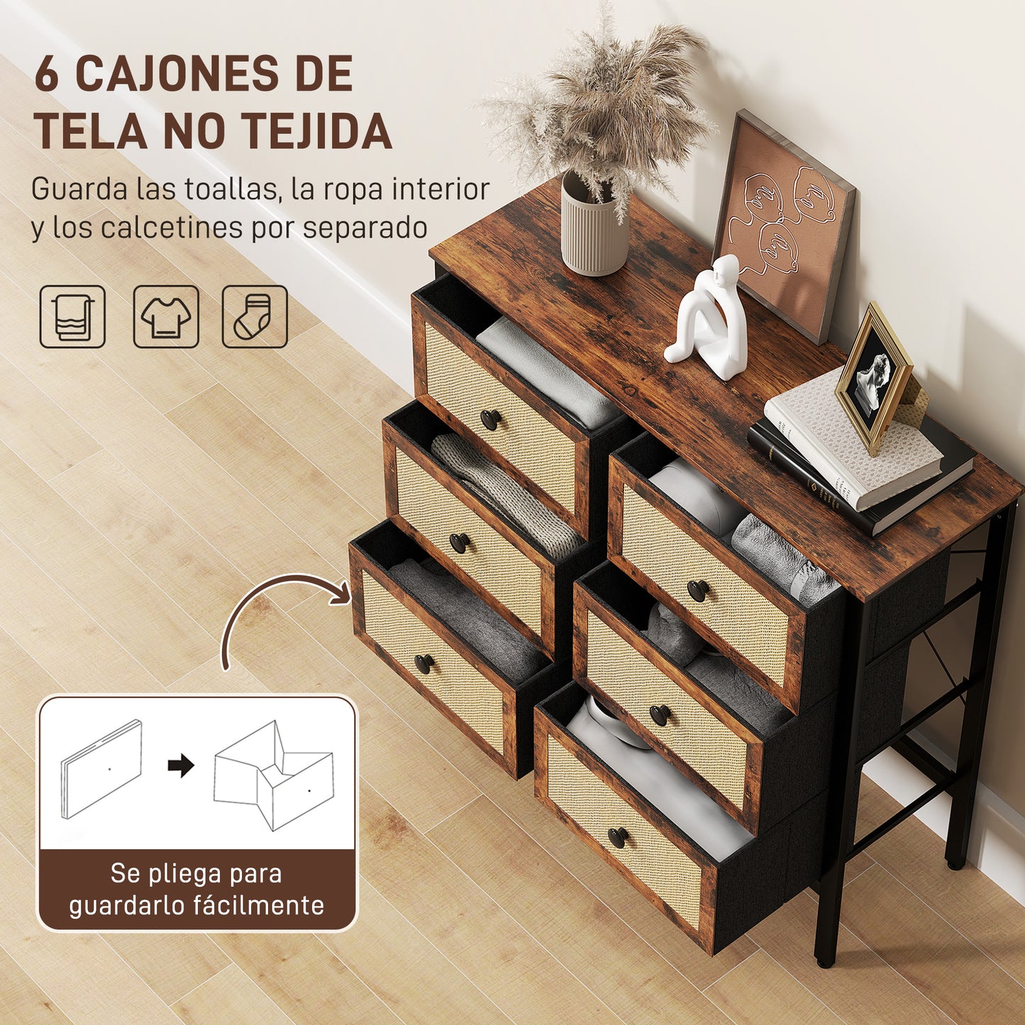 HOMCOM Cómoda para Dormitorio Cajonera de Tela con 6 Cajones Plegables con Frentes de Ratán y Marco de Acero Cajonera para Dormitorio Salón Marrón Rústico