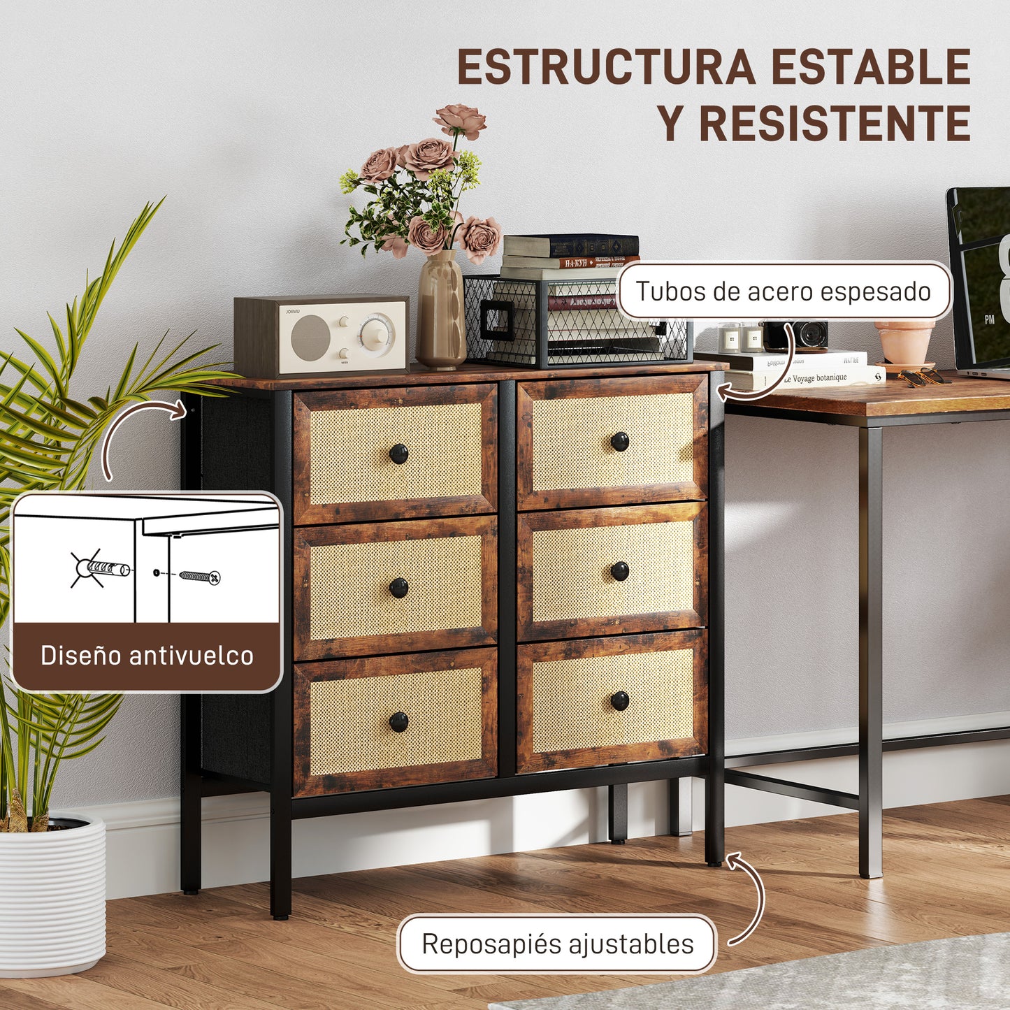 HOMCOM Cómoda para Dormitorio Cajonera de Tela con 6 Cajones Plegables con Frentes de Ratán y Marco de Acero Cajonera para Dormitorio Salón Marrón Rústico