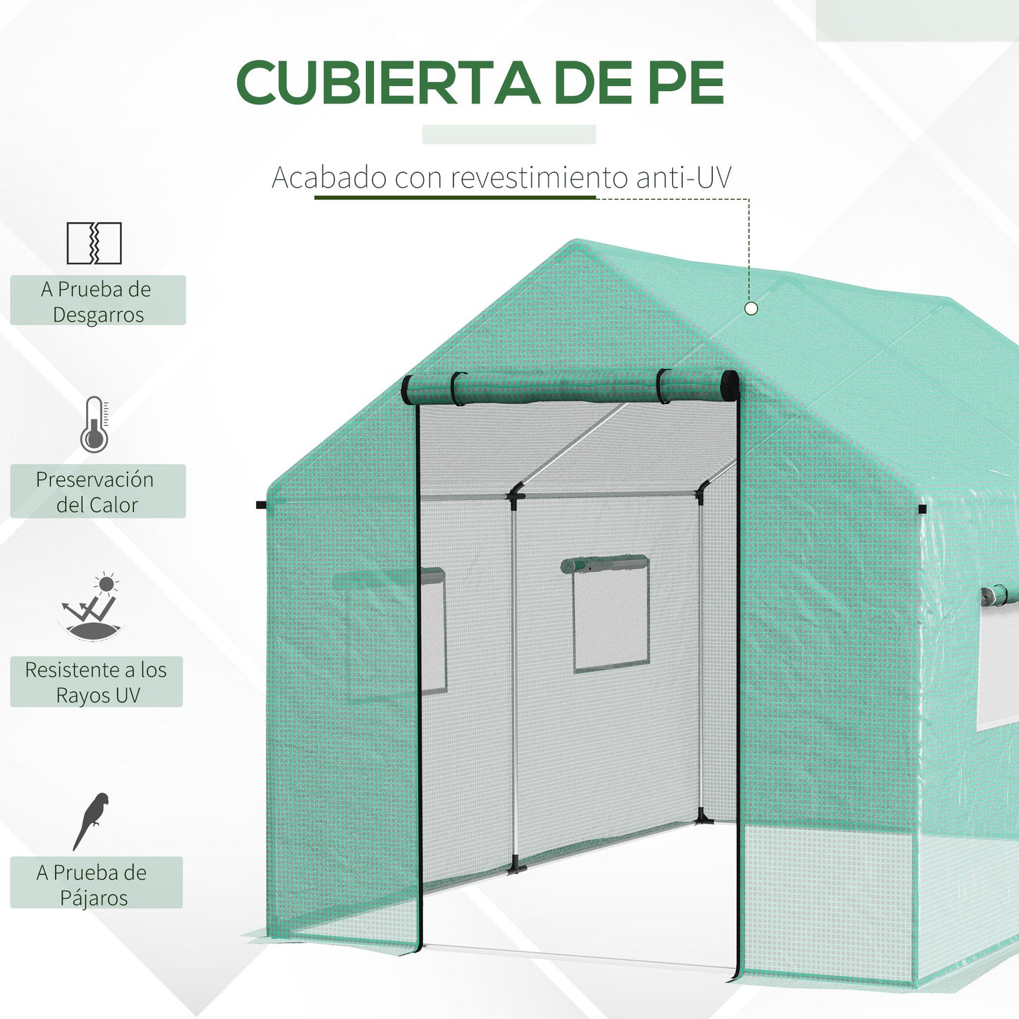 Outsunny Invernadero de Exterior 2x3x2 m Invernadero de Túnel con 4 Ventanas de Malla y Puerta con Cremallera Invernadero de Huerto Anti-UV para Patio Jardín Verde