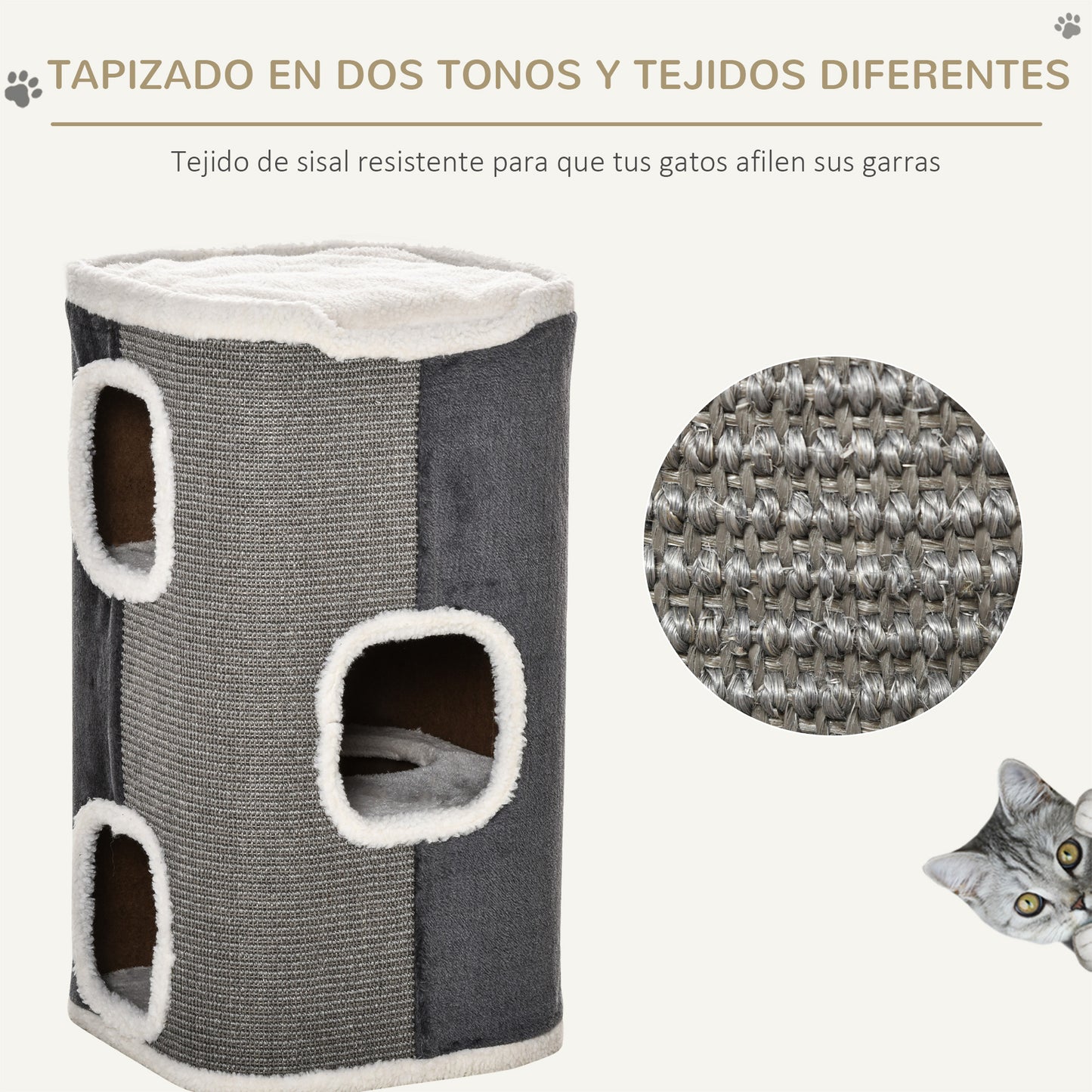 PawHut Barril Rascador para Gatos de 2 Niveles con Cuevas de Sisal Felpa Suave y Plataforma de Vellón 40x40x49 cm Gris