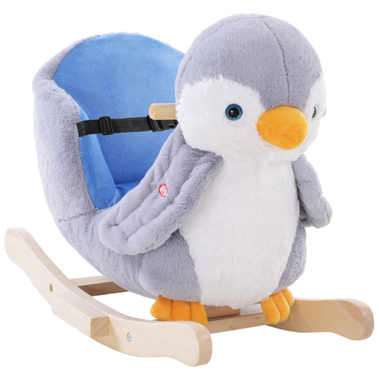 HOMCOM Caballito Balancín para Bebés de +18 Meses Forma de Pingüino Caballo Balancín de Madera con Músicas Asas y Cinturón de Seguridad Carga 40 kg 60x33x50 cm Gris