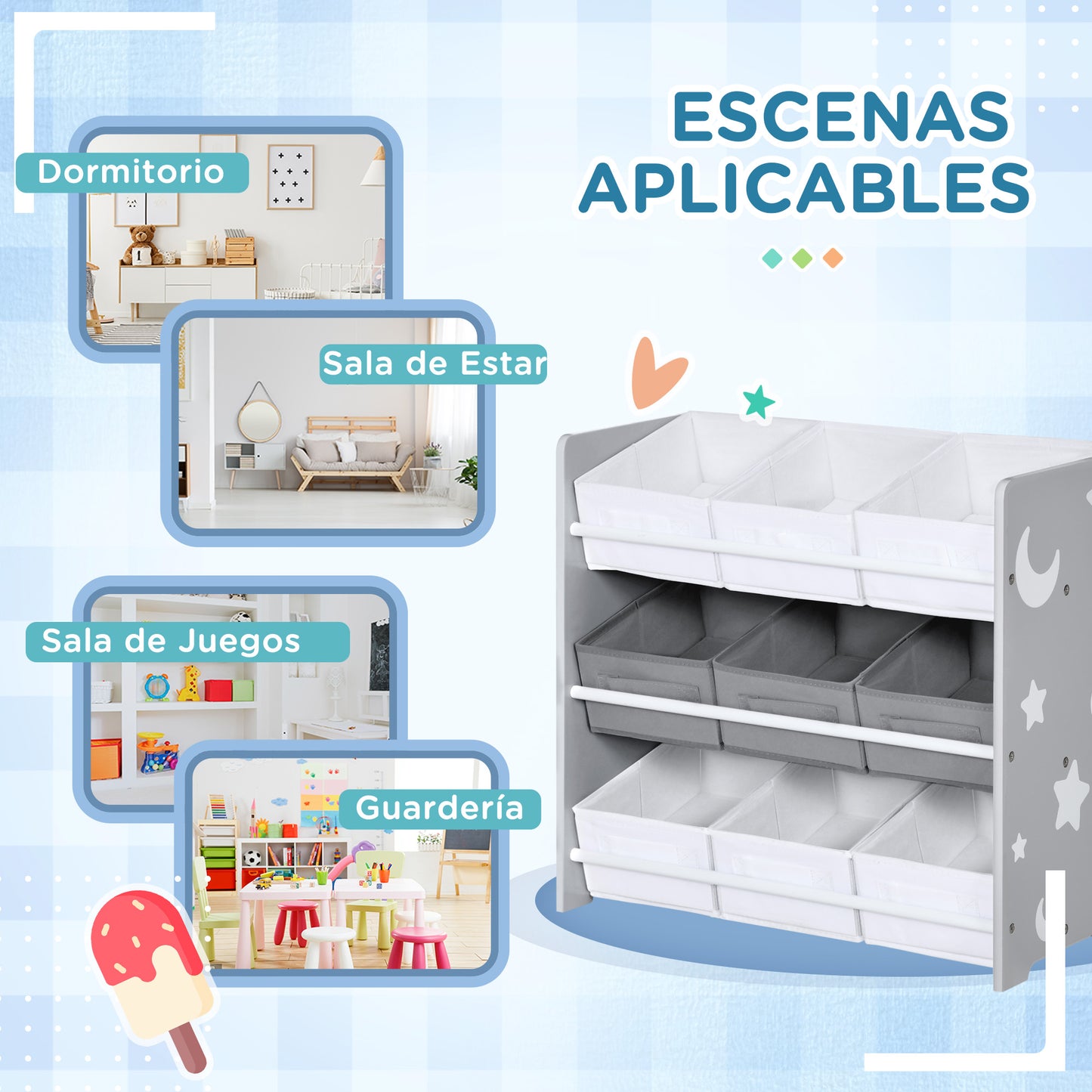 ZONEKIZ Estantería Infantil con 9 Cajas de Tela no Tejida Extraíbles Organizador de Juguetes para Dormitorio Guardería 63x30x60 cm Gris