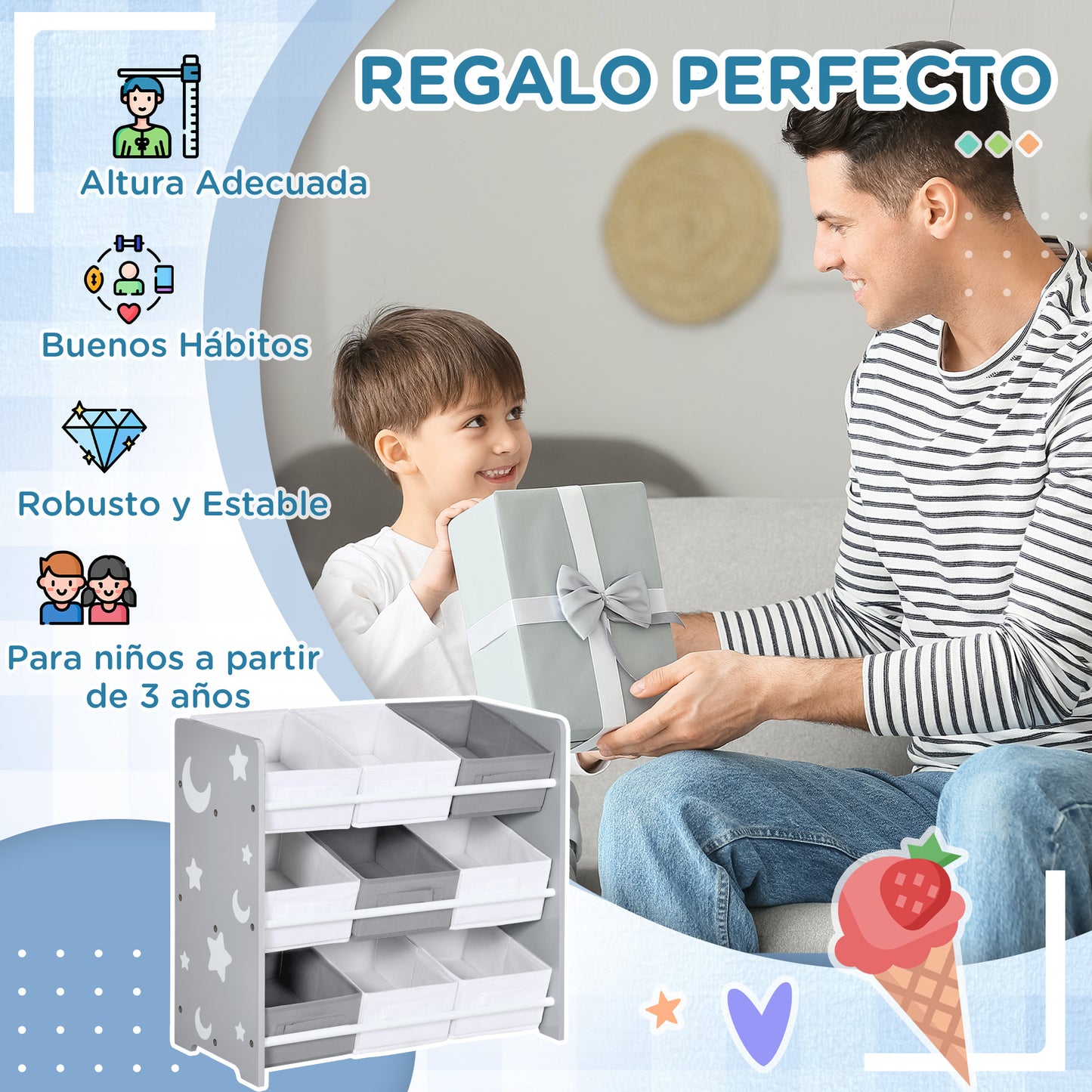 ZONEKIZ Estantería Infantil con 9 Cajas de Tela no Tejida Extraíbles Organizador de Juguetes para Dormitorio Guardería 63x30x60 cm Gris