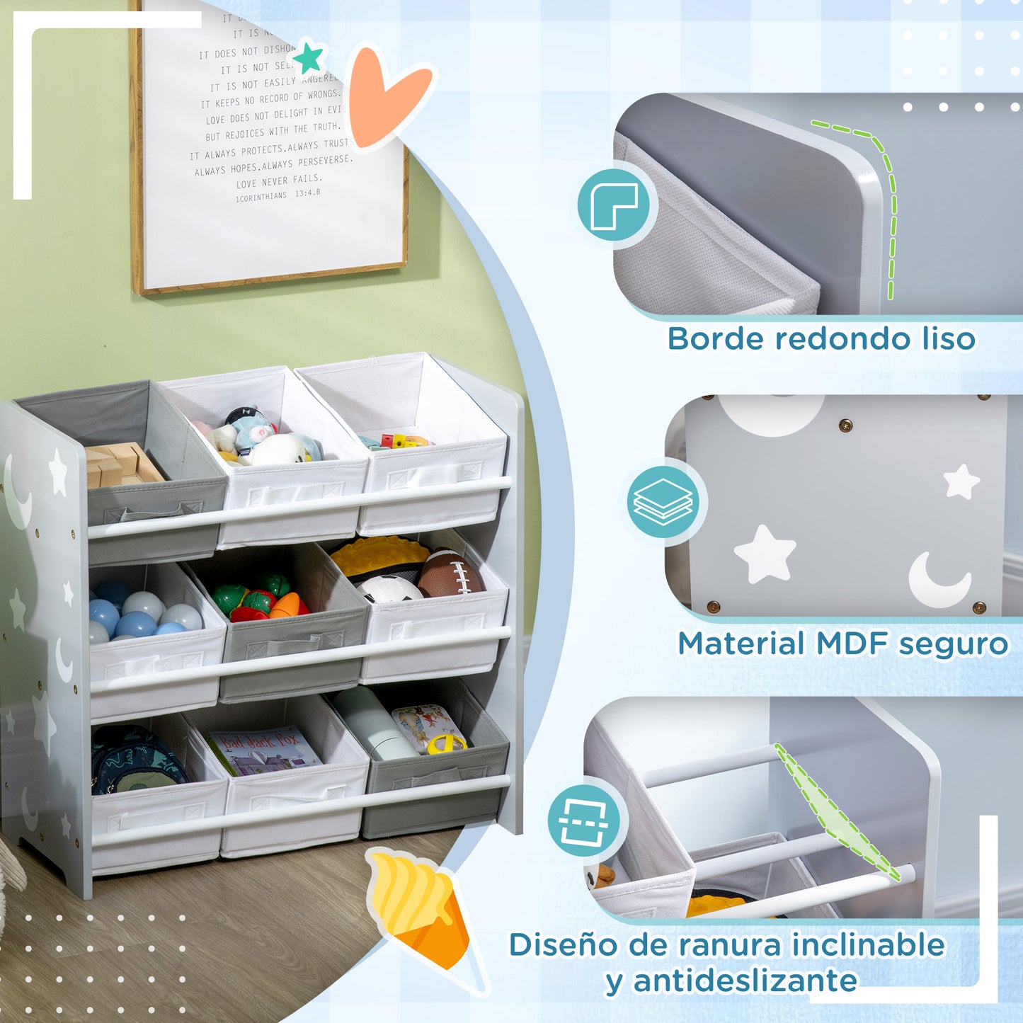 ZONEKIZ Estantería Infantil con 9 Cajas de Tela no Tejida Extraíbles Organizador de Juguetes para Dormitorio Guardería 63x30x60 cm Gris