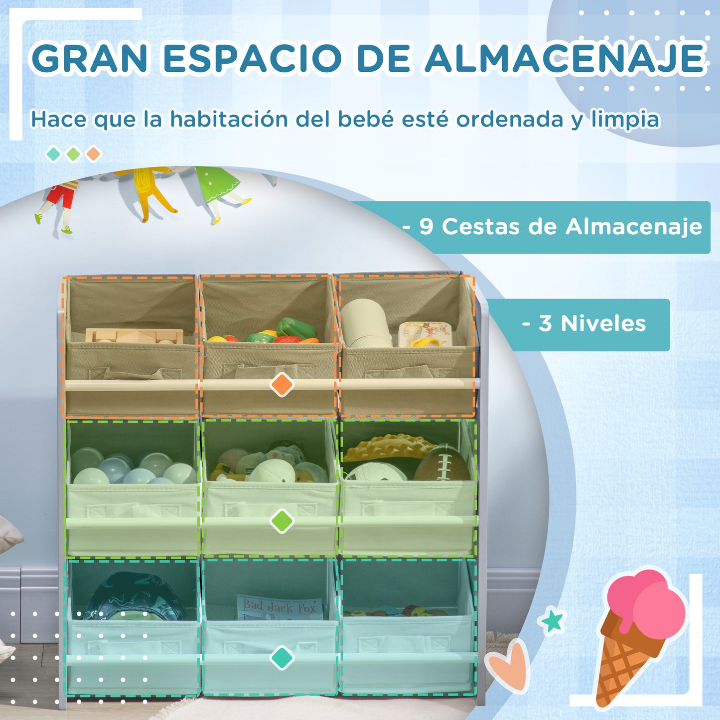 ZONEKIZ Estantería Infantil con 9 Cajas de Tela no Tejida Extraíbles Organizador de Juguetes para Dormitorio Guardería 63x30x60 cm Gris