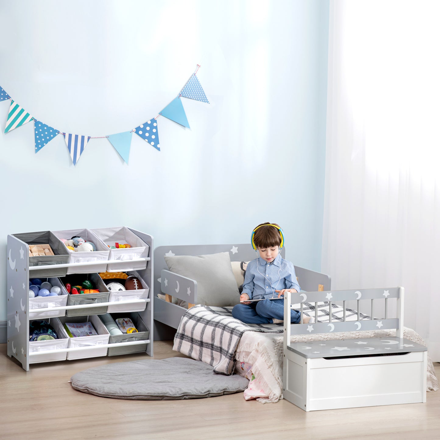 ZONEKIZ Estantería Infantil con 9 Cajas de Tela no Tejida Extraíbles Organizador de Juguetes para Dormitorio Guardería 63x30x60 cm Gris