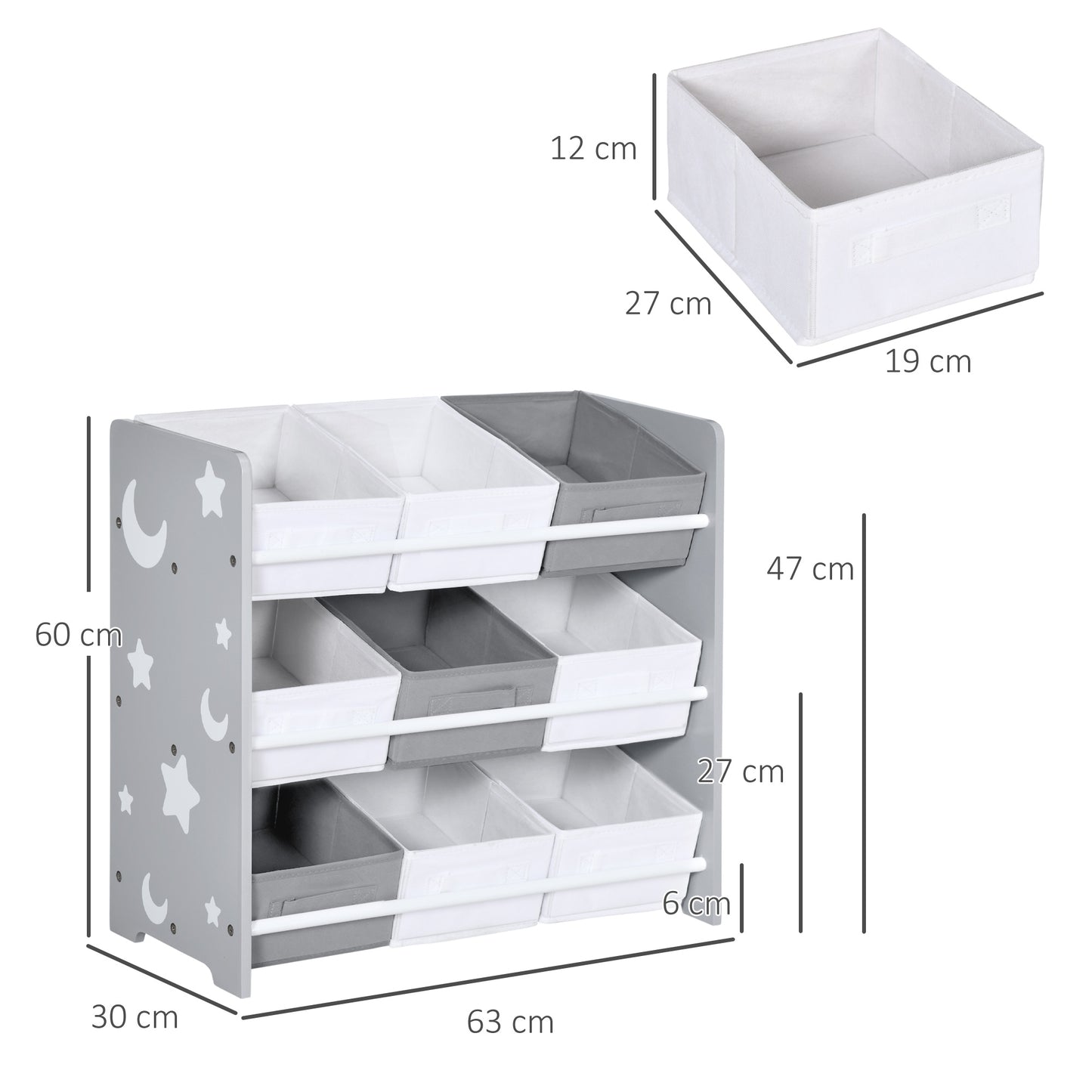 ZONEKIZ Estantería Infantil con 9 Cajas de Tela no Tejida Extraíbles Organizador de Juguetes para Dormitorio Guardería 63x30x60 cm Gris