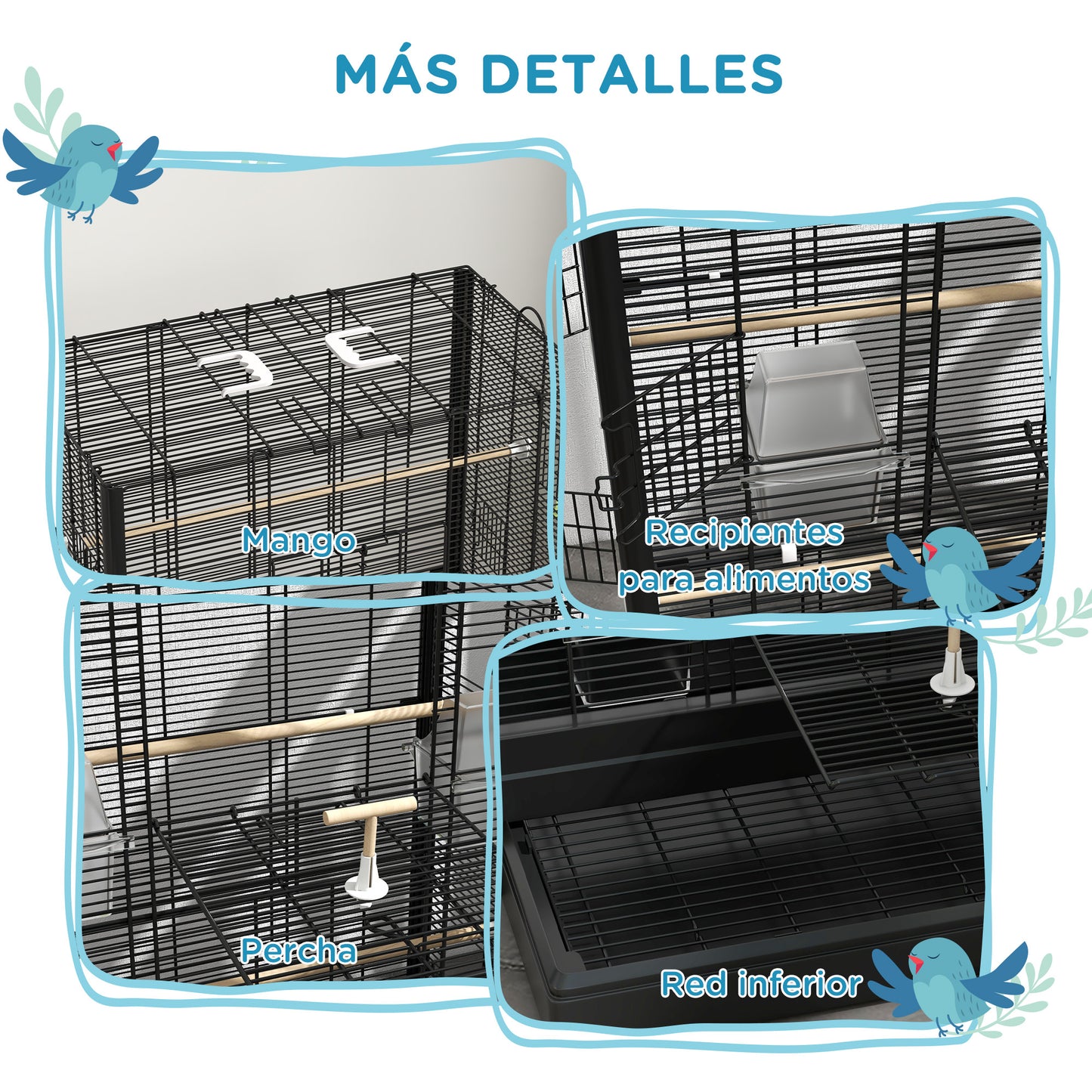 PawHut Jaula para Pájaros 61x36,5x98 cm Pajarera con Puertas Perchas Bandeja Extraíble Cajas de Comidas y Asas Jaula para Ninfas Periquitos Pinzones Canarios Negro