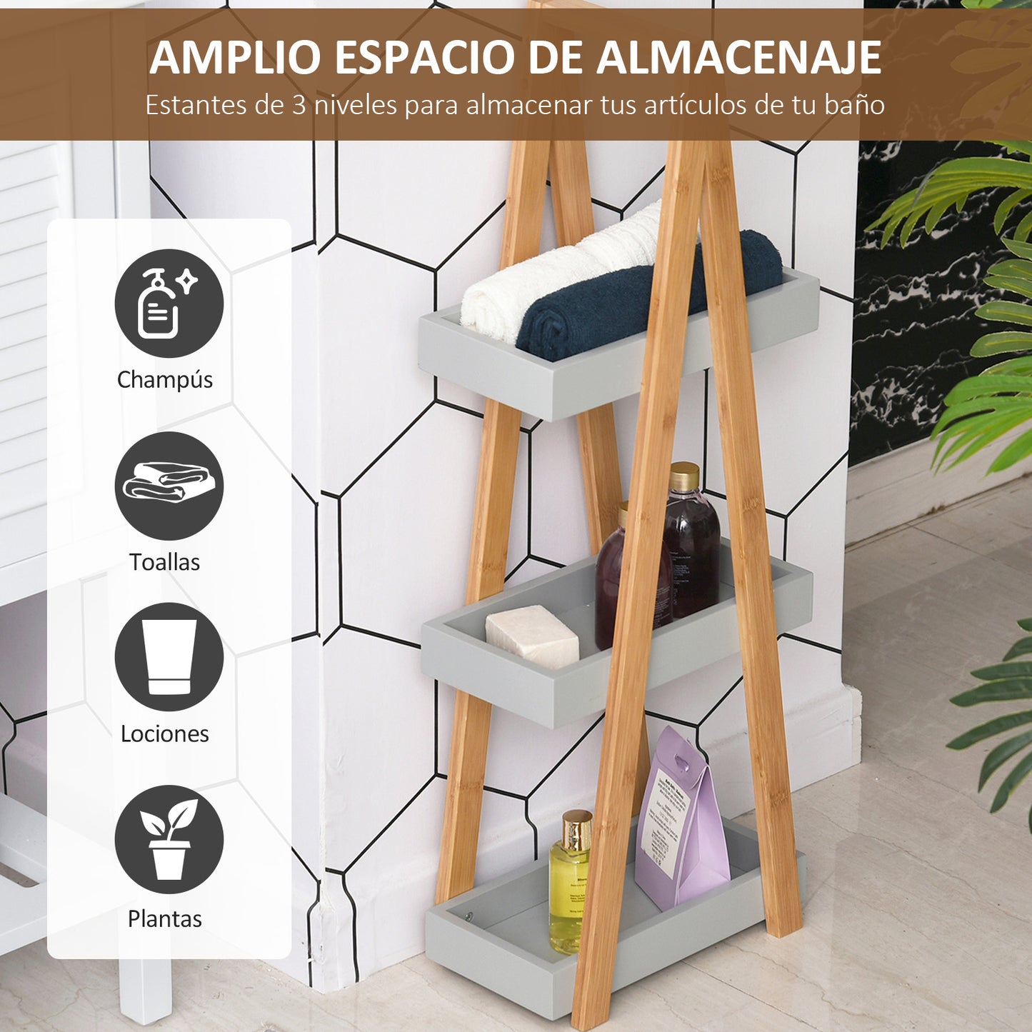 kleankin Estantería de Baño de Bambú con 3 Estantes Estantería de Almacenaje Estantería de Madera en Forma de A 30x18x81 cm Natural y Gris