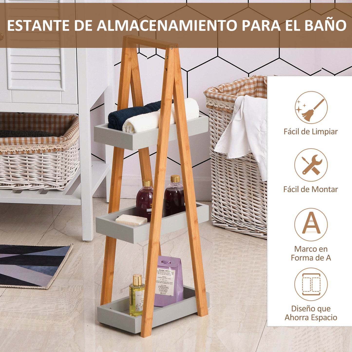 kleankin Estantería de Baño de Bambú con 3 Estantes Estantería de Almacenaje Estantería de Madera en Forma de A 30x18x81 cm Natural y Gris