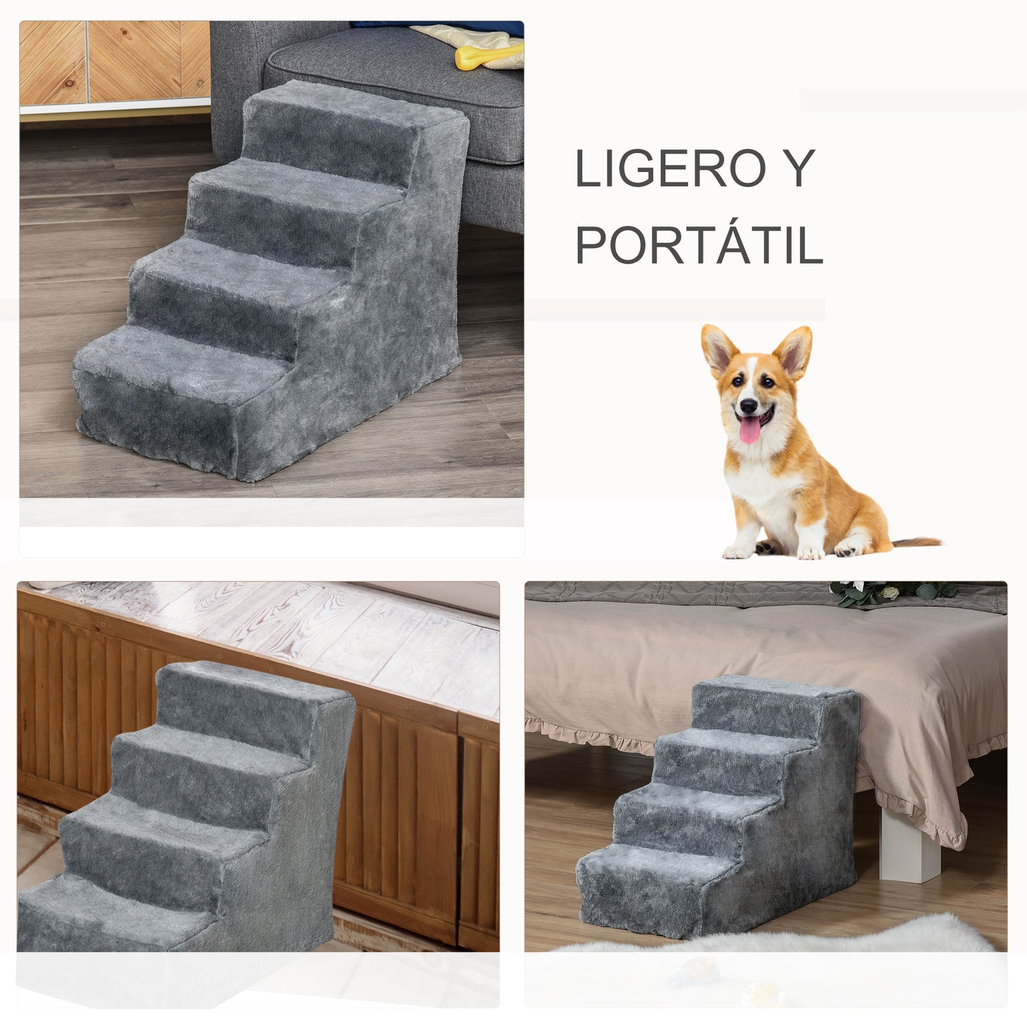 PawHut Escalera para Perros de 4 Peldaños Escalera para Mascotas con Funda Extraíble y Lavable para Cama Sofá 60x35x44 cm Gris