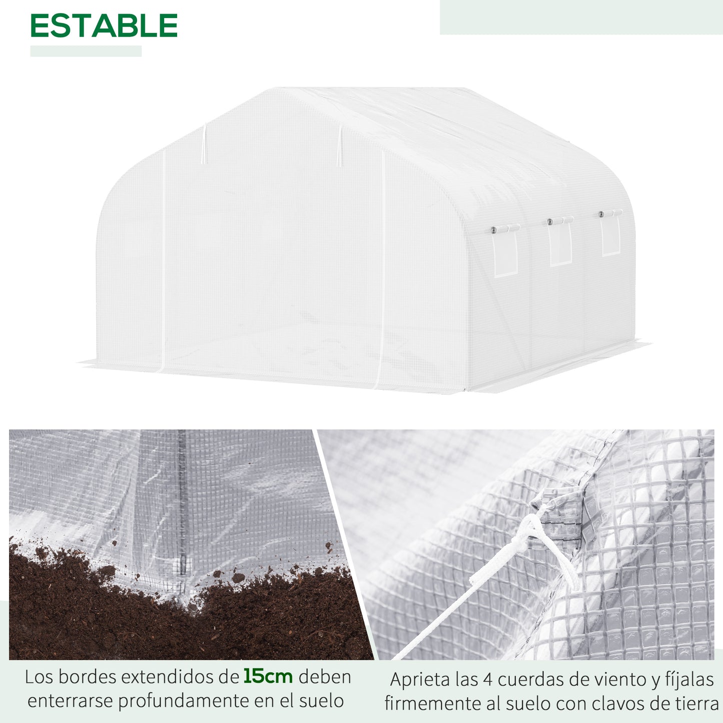 Outsunny Invernadero de Túnel 3,5x3x2 m Invernadero de Jardín con 6 Ventanas y Cubierta de Polietileno PE 140 g/m² para Plantas Flores Verduras en Patio Blanco