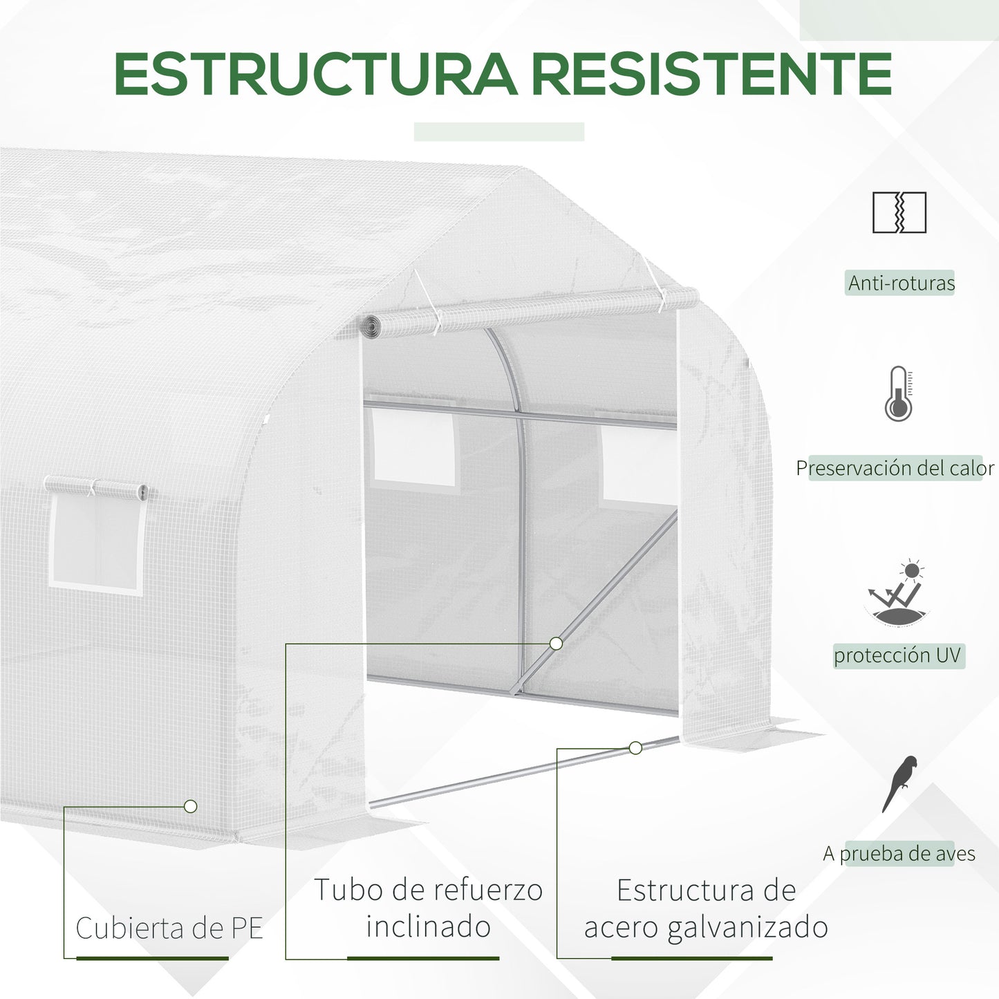 Outsunny Invernadero de Túnel 3,5x3x2 m Invernadero de Jardín con 6 Ventanas y Cubierta de Polietileno PE 140 g/m² para Plantas Flores Verduras en Patio Blanco