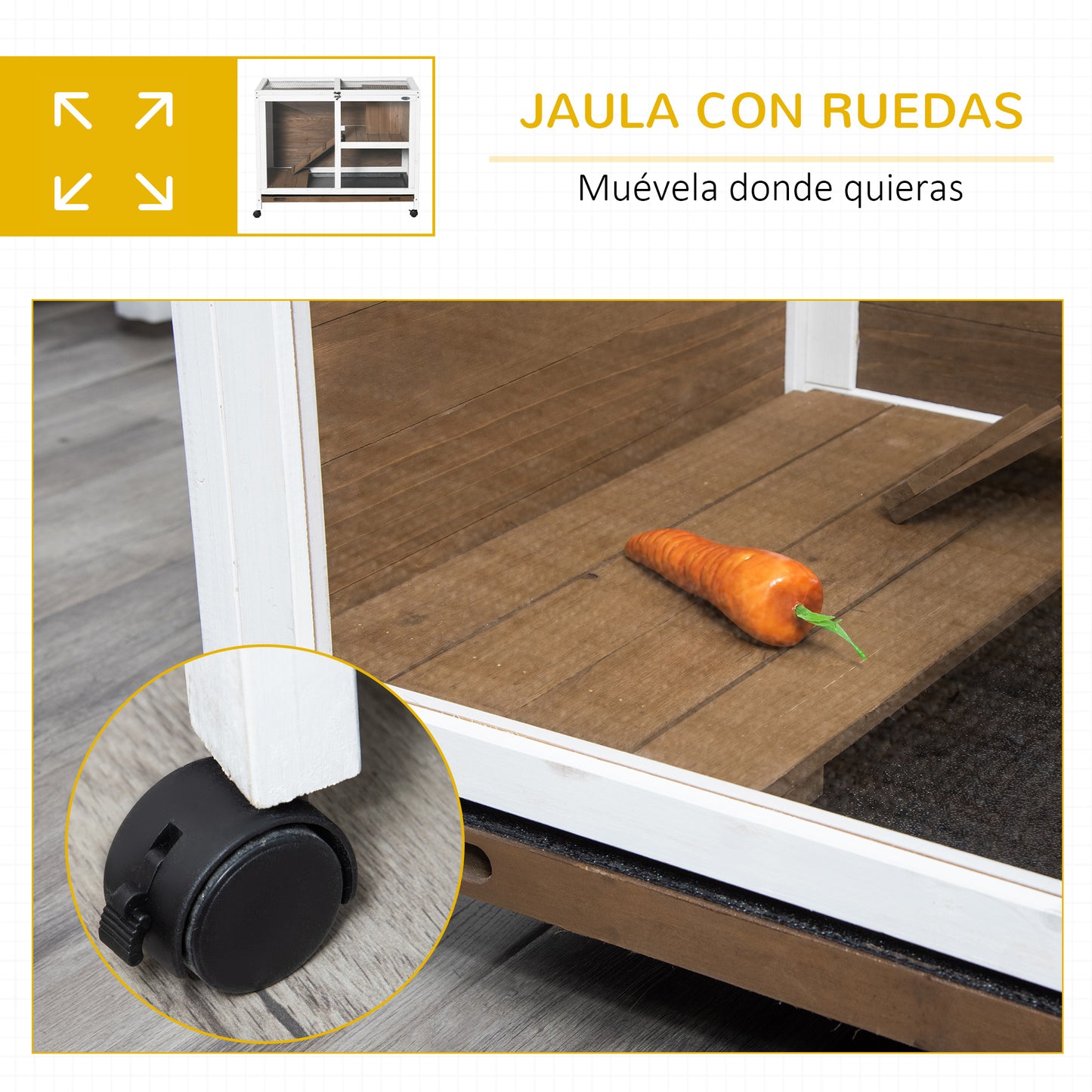 PawHut Conejera de Madera con Ruedas 91,5x53,3x73 cm Jaula para Conejos de 2 Niveles con Techo Abatible Bandeja Extraíble y Rampa Marrón