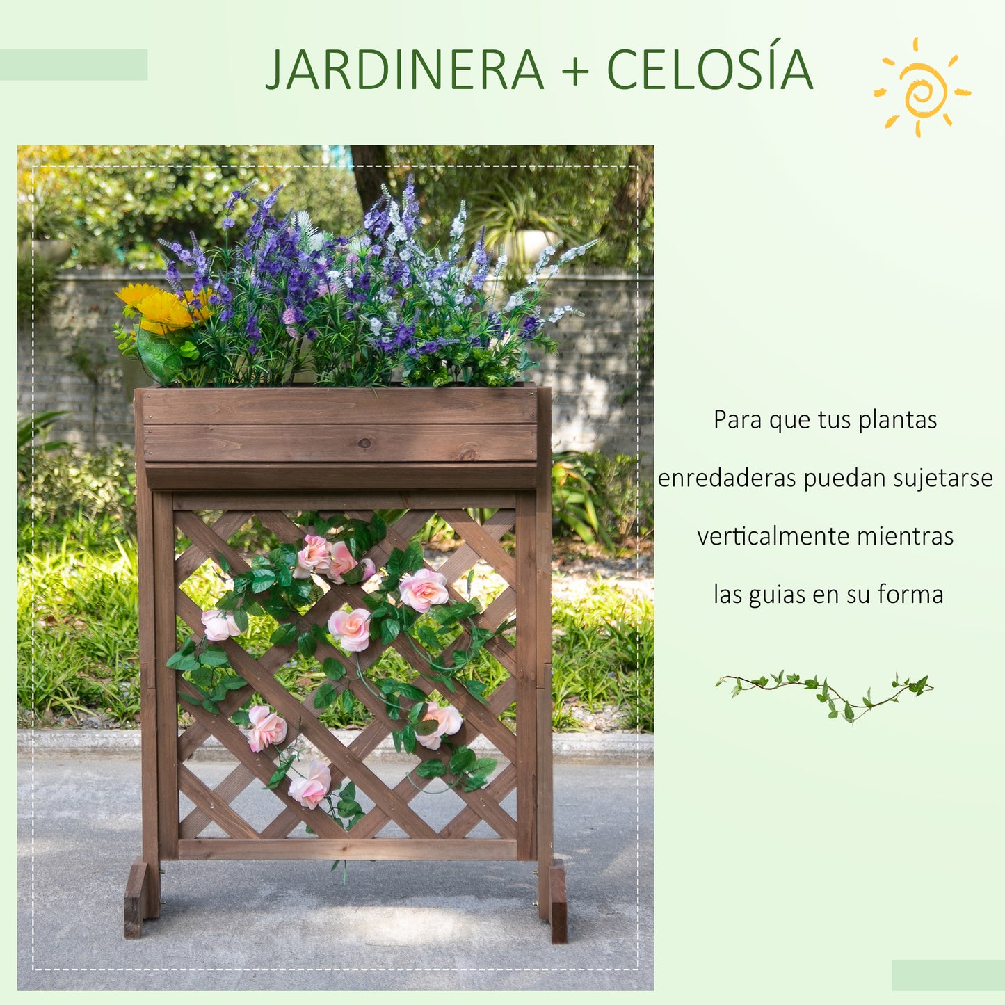 Outsunny Jardinera con Enrejado de Madera Maciza Soporte para Flores Plantas Trepaderas Balcón Patio Jardín al Aire Libre 68x30x85,5 cm Marrón