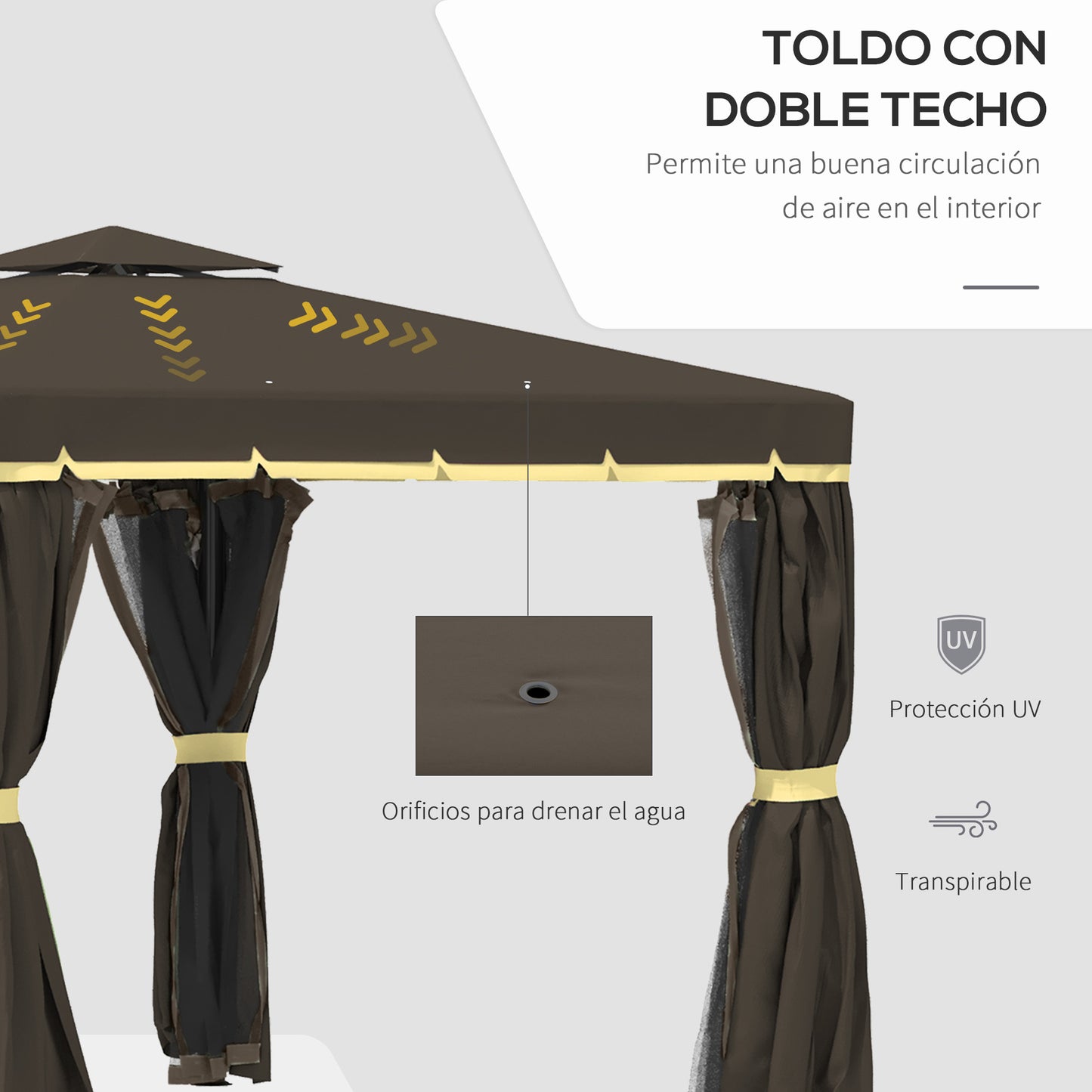 Outsunny Cenador de Jardín 3x3m Pabellón de Aluminio Exterior con Doble Techo de Ventilación 4 Cortinas Laterales y 4 Mosquiteras con Cremallera Gazebo para Fiestas Eventos Patio Café