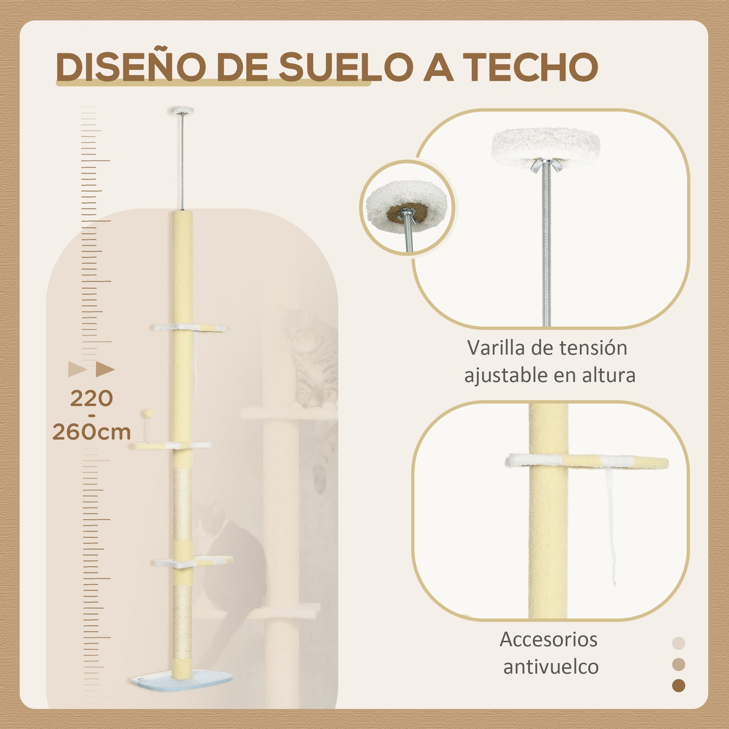 PawHut Árbol para Gatos del Suelo al Techo 220-260 cm Altura Ajustable Torre para Gatos con 3 Plataformas Poste Escalador de Sisal y Bola para Jugar 47x34x220-260 cm Amarillo