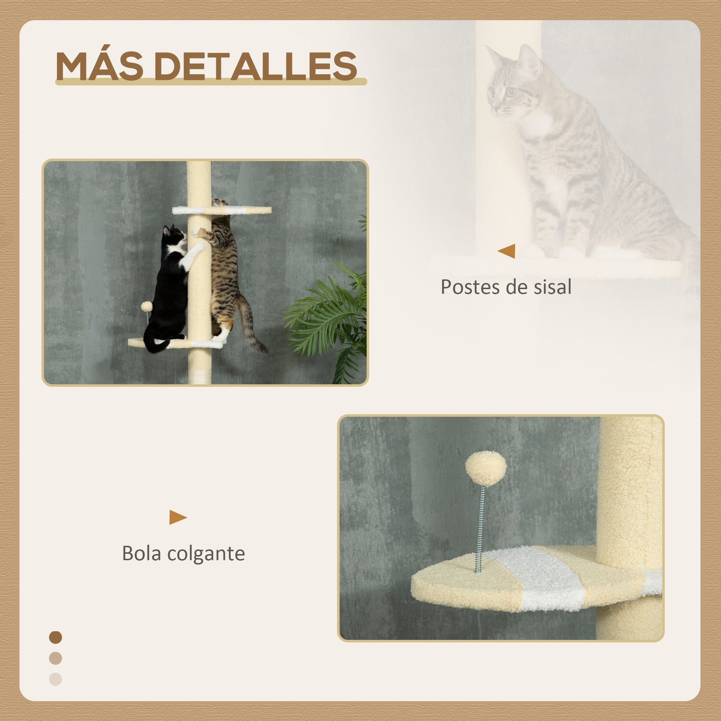 PawHut Árbol para Gatos del Suelo al Techo 220-260 cm Altura Ajustable Torre para Gatos con 3 Plataformas Poste Escalador de Sisal y Bola para Jugar 47x34x220-260 cm Amarillo