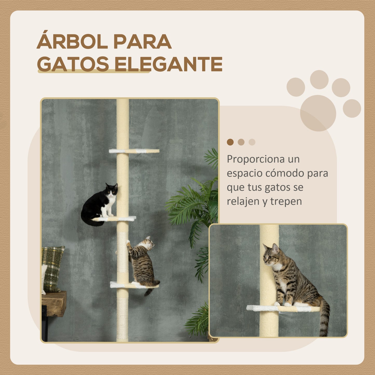 PawHut Árbol para Gatos del Suelo al Techo 220-260 cm Altura Ajustable Torre para Gatos con 3 Plataformas Poste Escalador de Sisal y Bola para Jugar 47x34x220-260 cm Amarillo