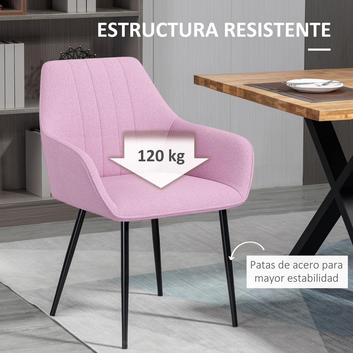 HOMCOM Pack de 2 Sillas de Comedor Sillas Decorativas Tapizadas en Lino Sillas de Cocina con Respaldo Reposabrazos y Patas de Metal para Salón 59,5x56,5x81 cm Rosa