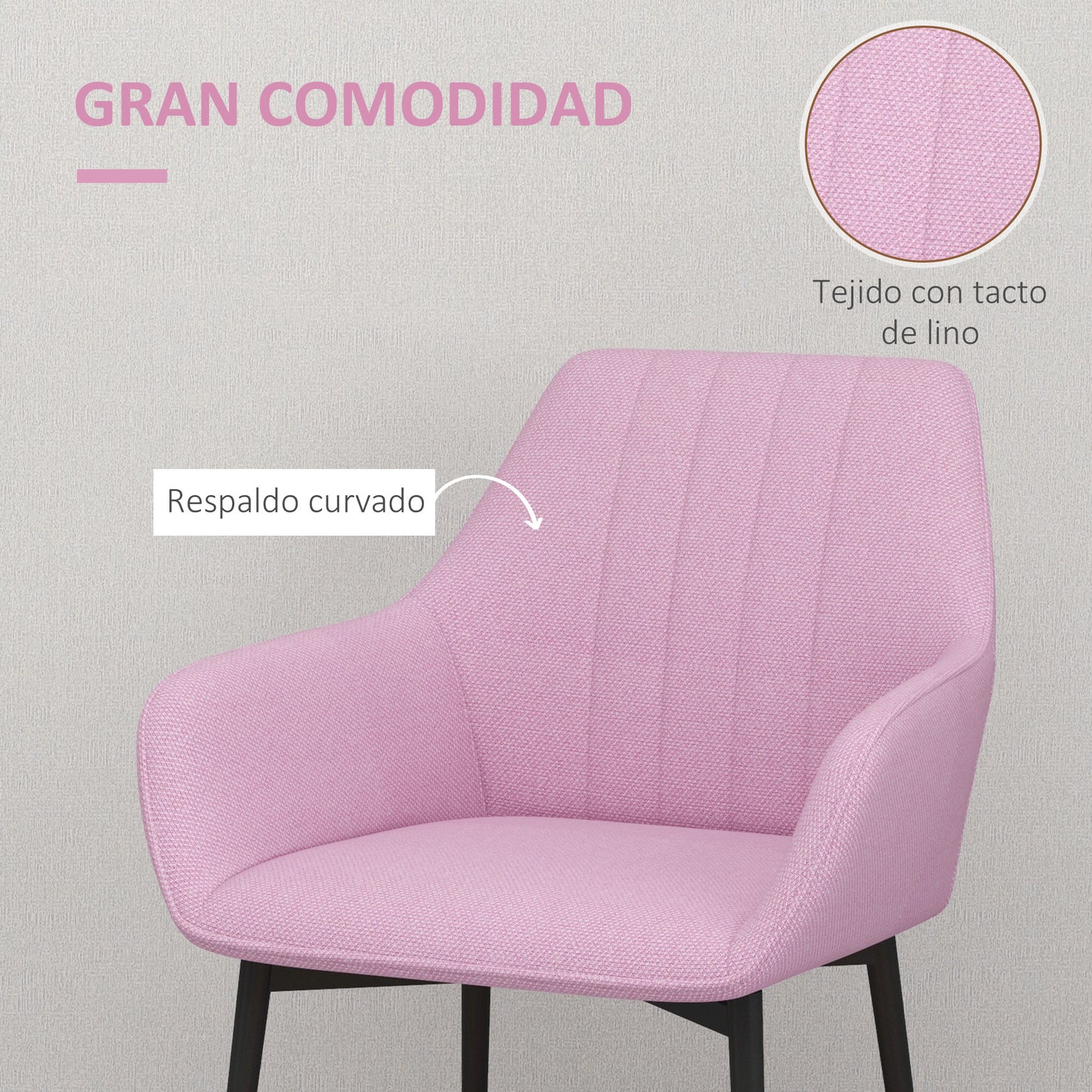 HOMCOM Pack de 2 Sillas de Comedor Sillas Decorativas Tapizadas en Lino Sillas de Cocina con Respaldo Reposabrazos y Patas de Metal para Salón 59,5x56,5x81 cm Rosa