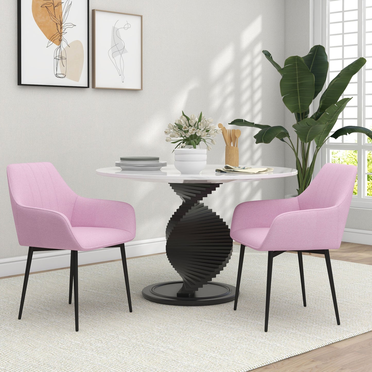 HOMCOM Pack de 2 Sillas de Comedor Sillas Decorativas Tapizadas en Lino Sillas de Cocina con Respaldo Reposabrazos y Patas de Metal para Salón 59,5x56,5x81 cm Rosa