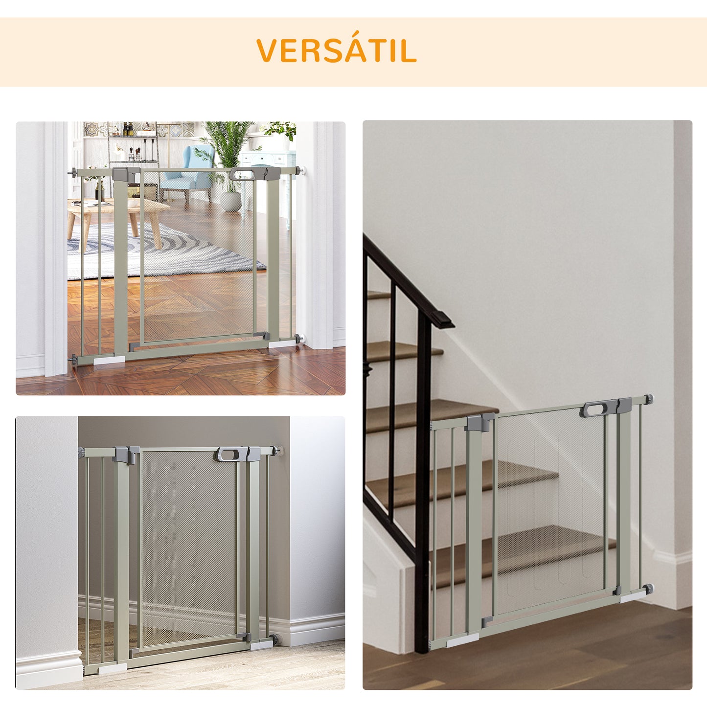 PawHut Barrera de Seguridad para Perros Extensible 75-103 cm Barrera para Escalera Puerta con 2 Extensiones Doble Bloqueo Cierre Automático Gris