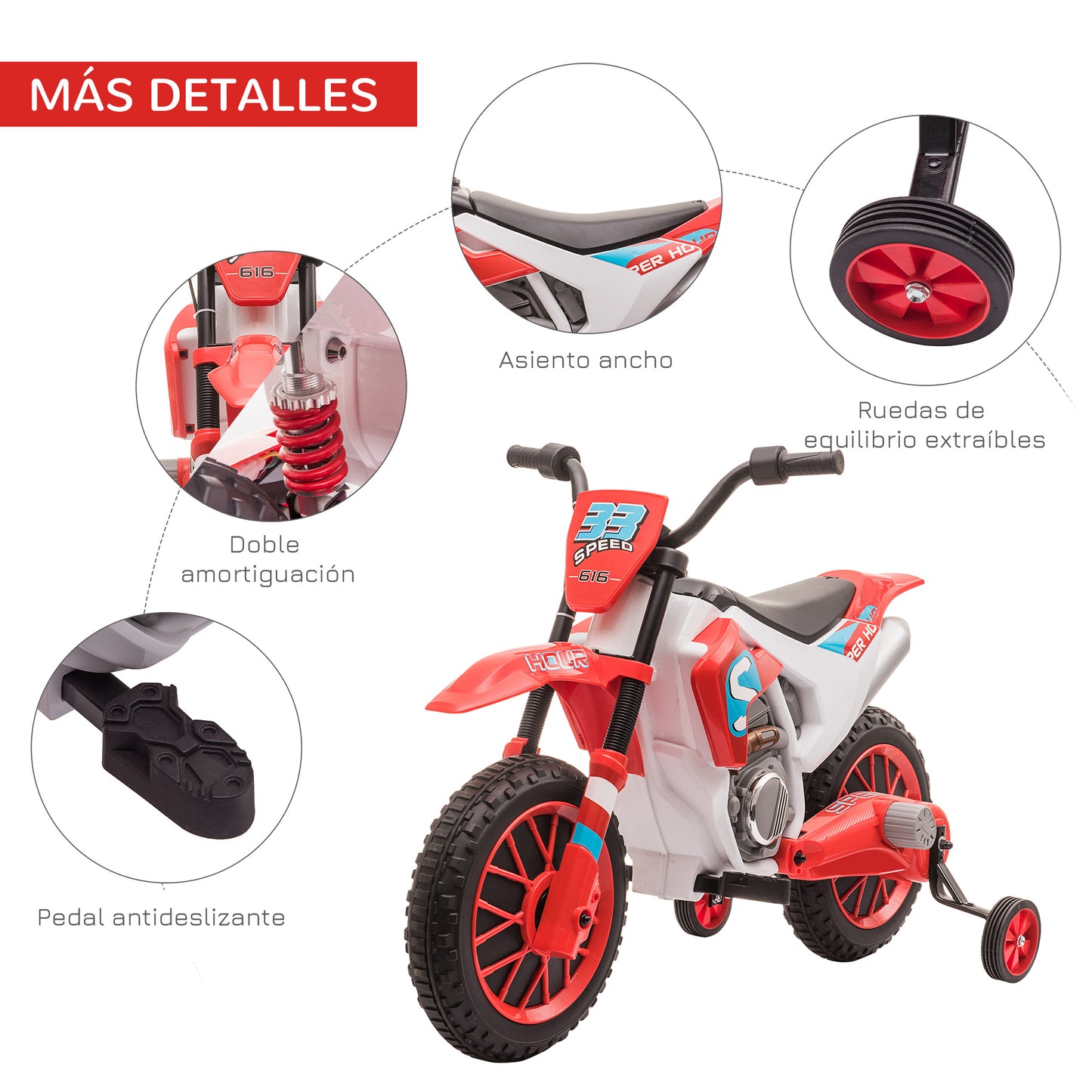 HOMCOM Moto Eléctrica para Niños de +3 Años 12V Moto de Juguete Infantil con 2 Ruedas de Equilibrio Velocidad Máx. 8 km/h Arranque Suave 106,5x51,5x68 cm Rojo