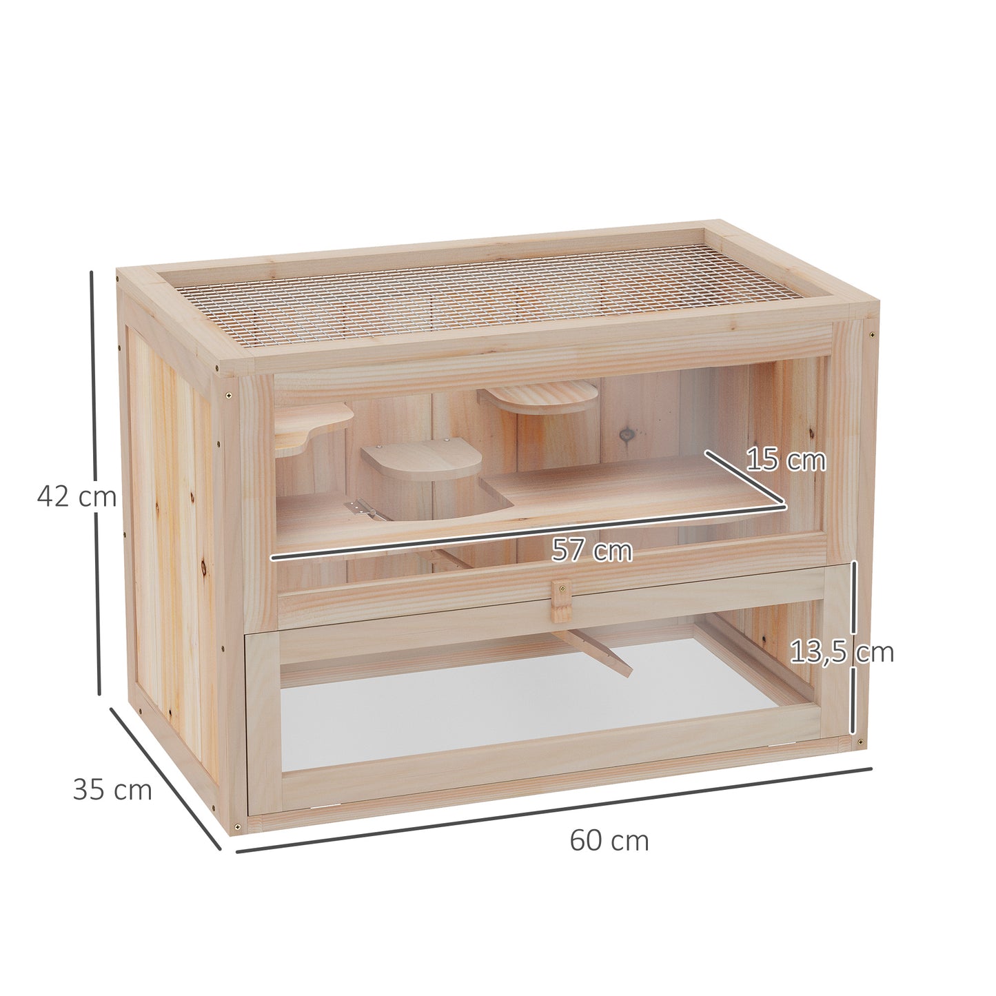 PawHut Jaula Madera para Hámster Ratoncillos Roedores Casa para Animales Pequeños 2 Niveles de Plataforma Rampa Techo Abatible 60x35x42 cm