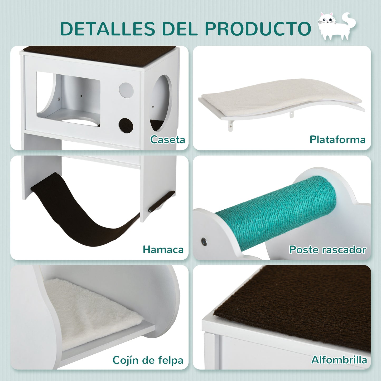 PawHut Estantes para Gatos de Pared de 3 Piezas Muebles de Pared para Gatos Centro de Actividades para Gatitos con Caseta Plataformas Hamaca Poste de Sisal y Cojines Suaves Blanco