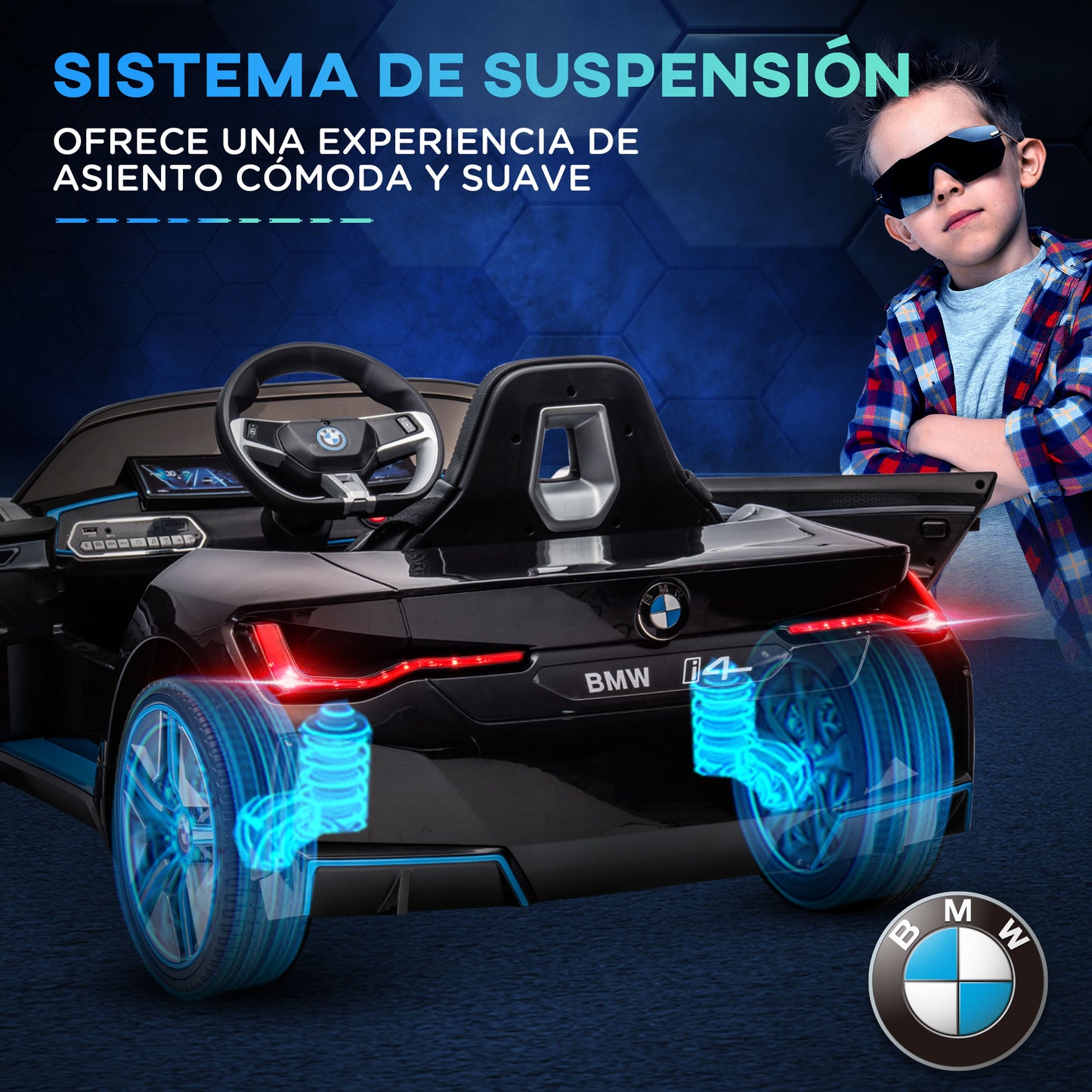 HOMCOM Coche Eléctrico para Niños 37-72 Meses Autorización BMW I4 Coche de Batería 12V con Control Remoto Música MP3 Pantalla Luces y Cinturón de Seguridad 115x67x45 cm Negro