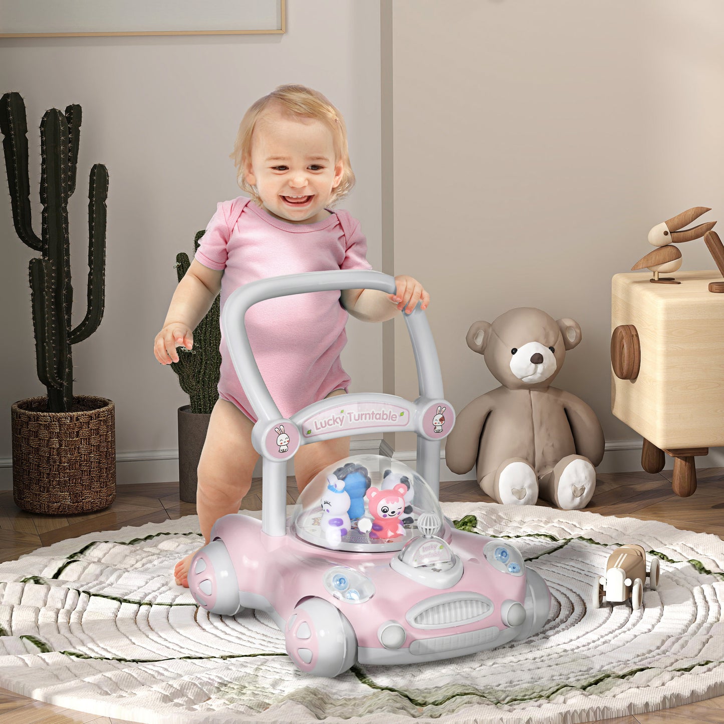 AIYAPLAY Andador para Bebés de 1-3 Años Tacatá para Bebés con Altura Ajustable Música Ruedas Antideslizantes Luces Manillar Desmontable Carga 25 kg Rosa