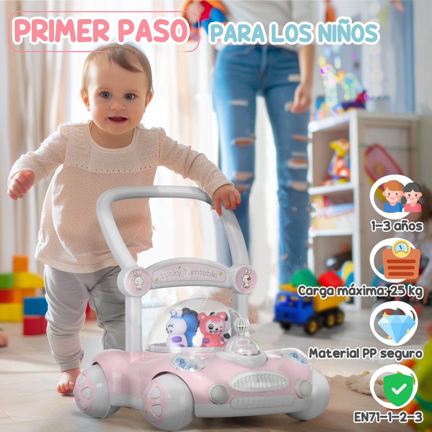 AIYAPLAY Andador para Bebés de 1-3 Años Tacatá para Bebés con Altura Ajustable Música Ruedas Antideslizantes Luces Manillar Desmontable Carga 25 kg Rosa