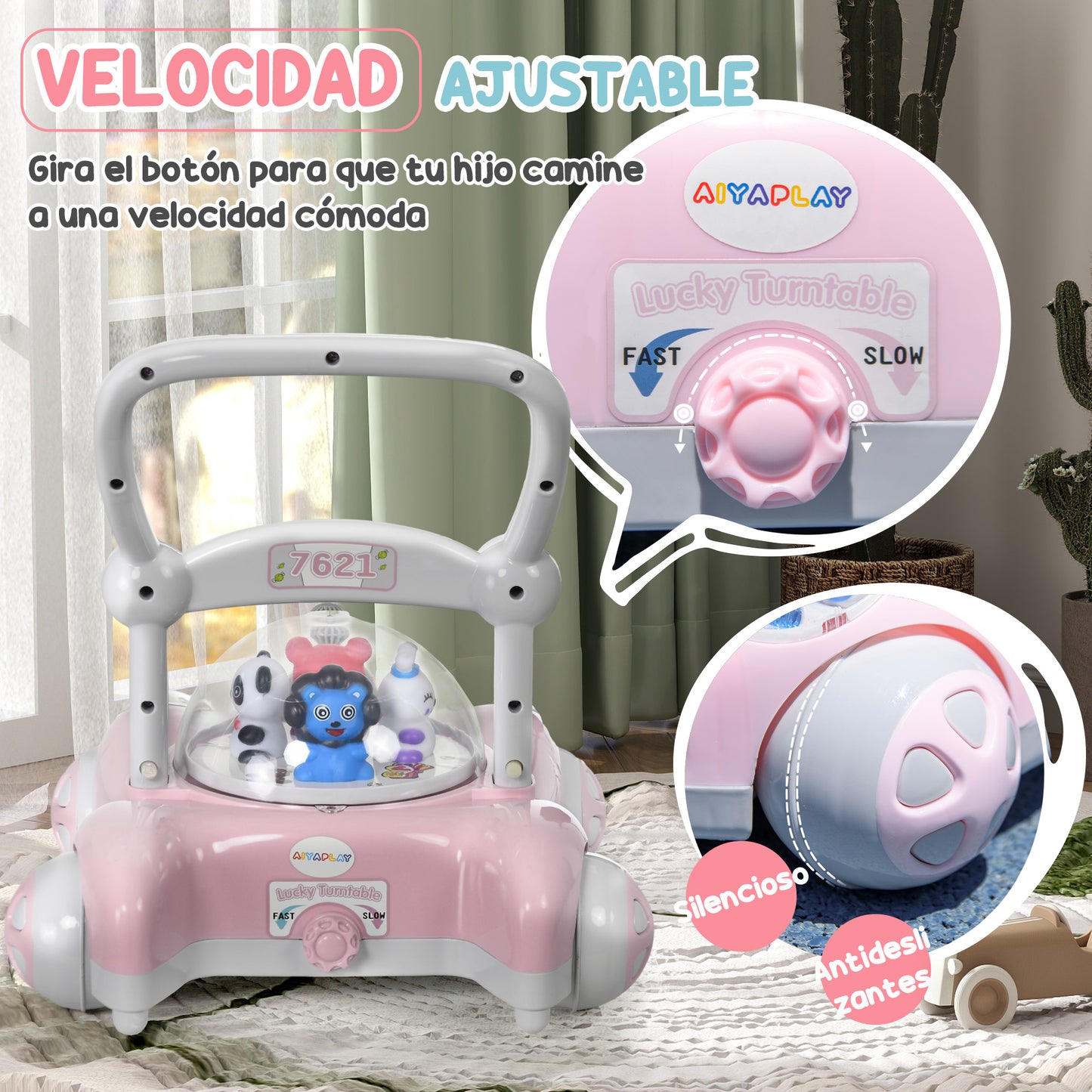 AIYAPLAY Andador para Bebés de 1-3 Años Tacatá para Bebés con Altura Ajustable Música Ruedas Antideslizantes Luces Manillar Desmontable Carga 25 kg Rosa