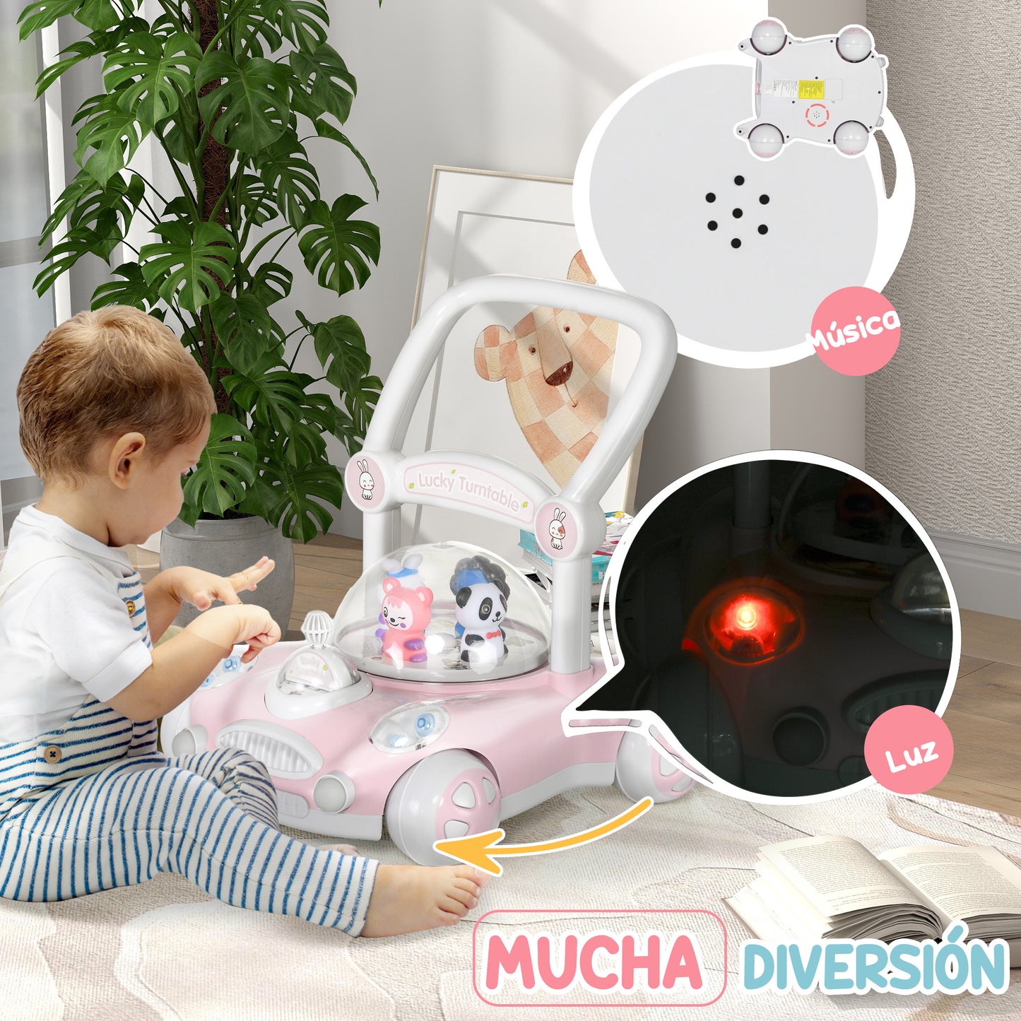 AIYAPLAY Andador para Bebés de 1-3 Años Tacatá para Bebés con Altura Ajustable Música Ruedas Antideslizantes Luces Manillar Desmontable Carga 25 kg Rosa