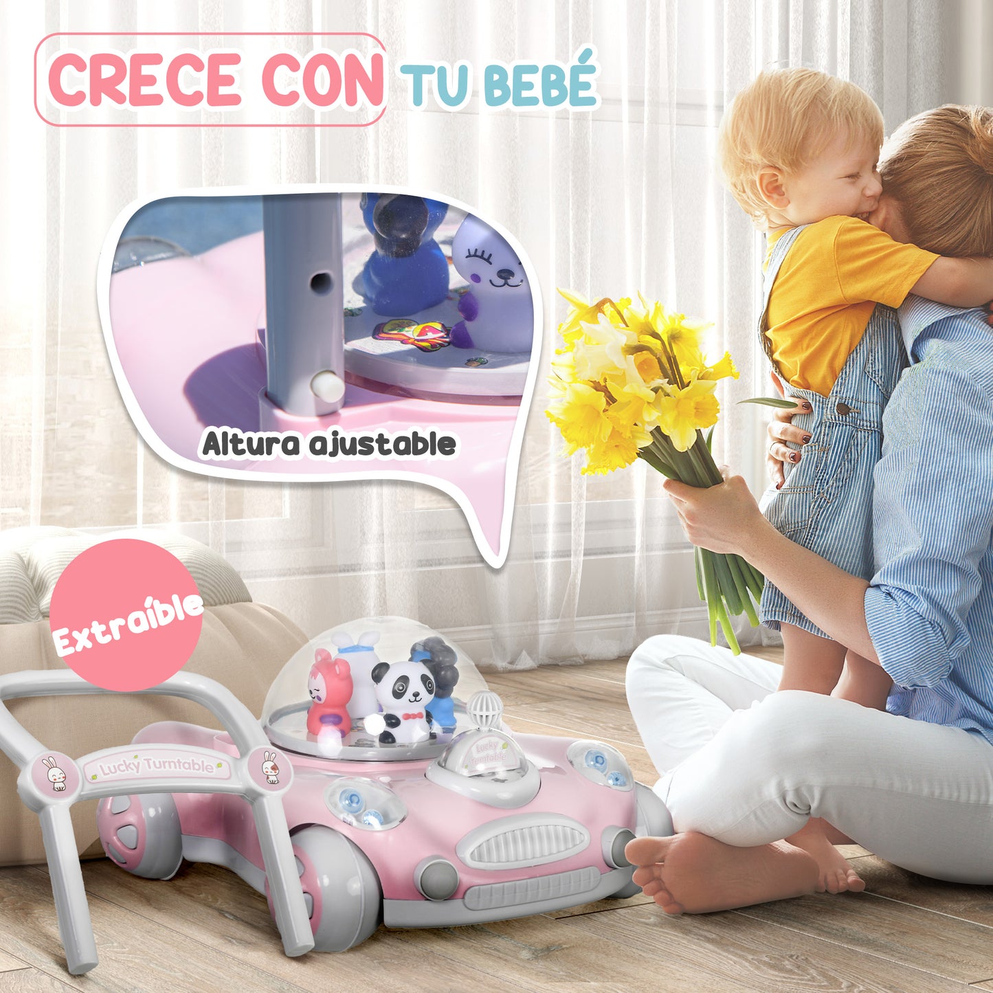 AIYAPLAY Andador para Bebés de 1-3 Años Tacatá para Bebés con Altura Ajustable Música Ruedas Antideslizantes Luces Manillar Desmontable Carga 25 kg Rosa